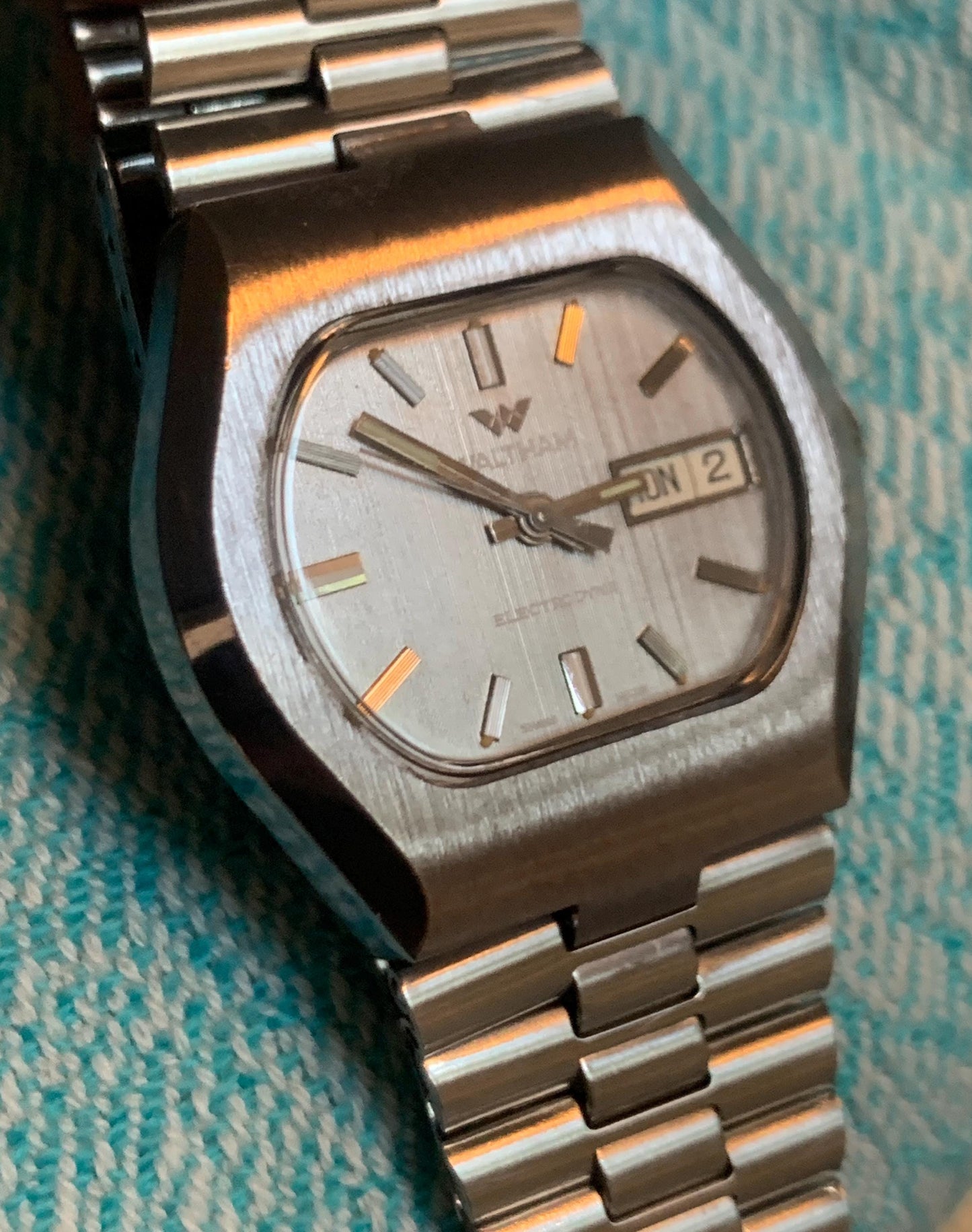 1970s Cool Waltham Electrodyne. TV Style Bezel  and Dial. Silver Tone, Day & Date. Original Bracelet! Heavy, Bold Design. Immaculate.