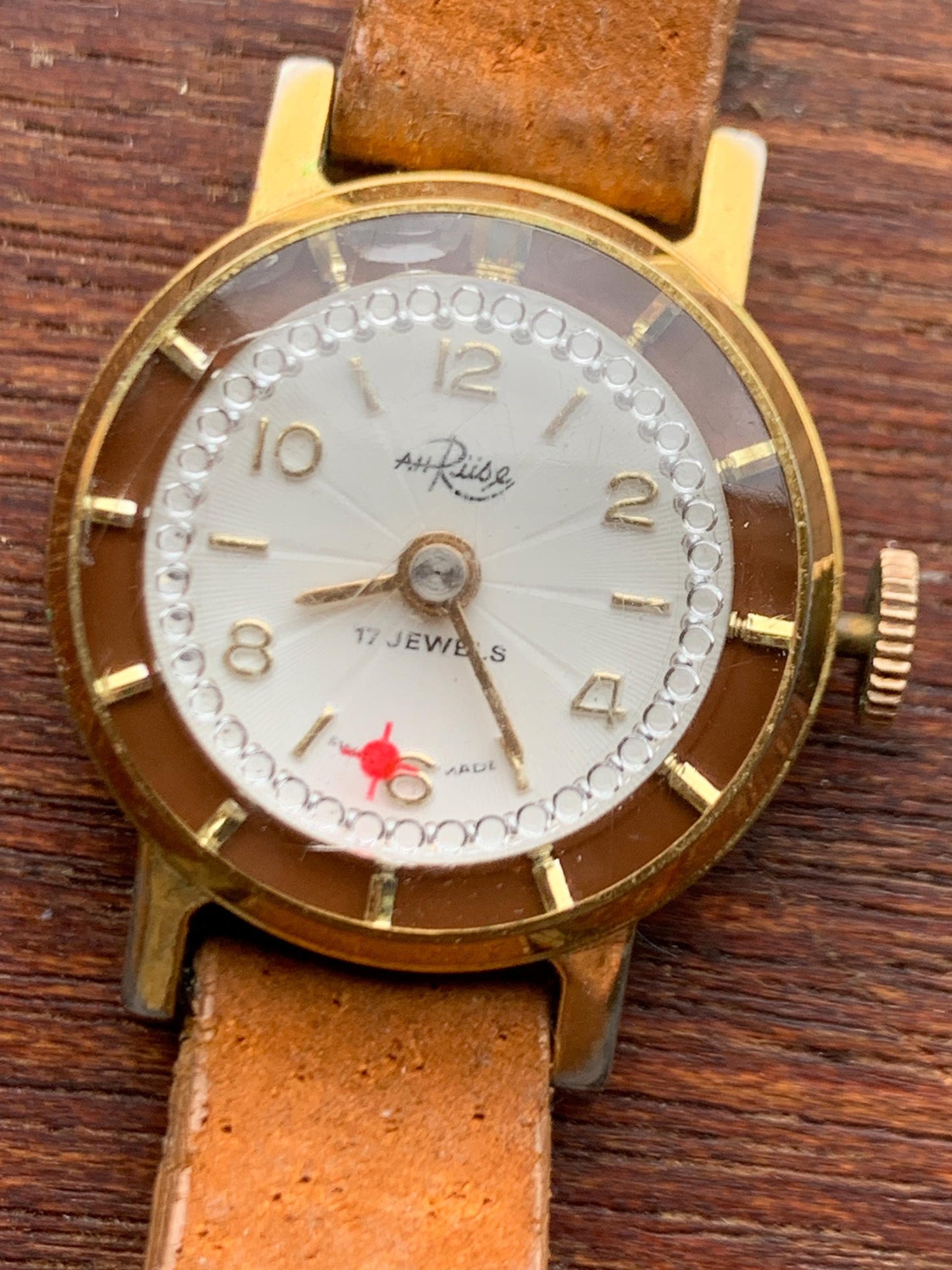 Vintage AH Ruse Ladies Novelty Cocktail Watch - 17 Jewels Swiss Movement Manual Winder, Runs Well. Sparkling Jewel Effects. NOS Leather Band