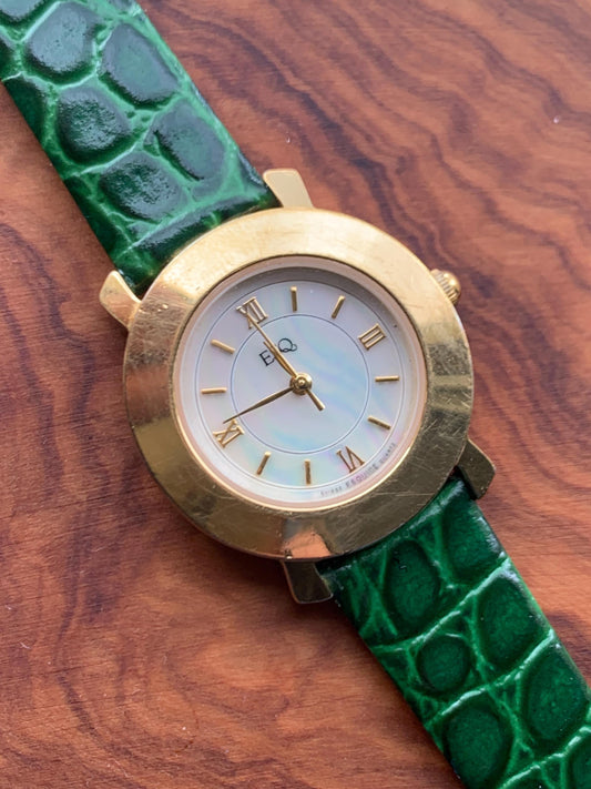 Modernist ESQ (by Movado) Roman Mother of Pearl Dial, Gold Tone Fancy Lugs, 90s, New Crocodile Pattern Green Band. 28mm. Swiss ETA Movement.