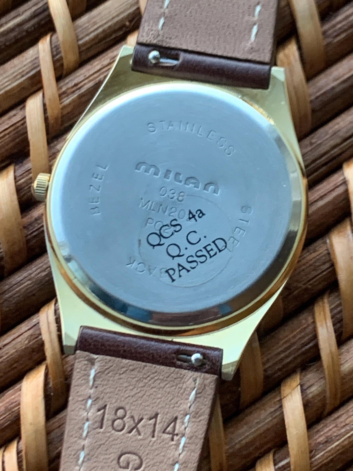 1990s Milan Quartz Watch. Super Shiny Gold tone. Retro Vintage. New Leather Band, Gold Dial. Great Retro Modernist Design, New Battery.