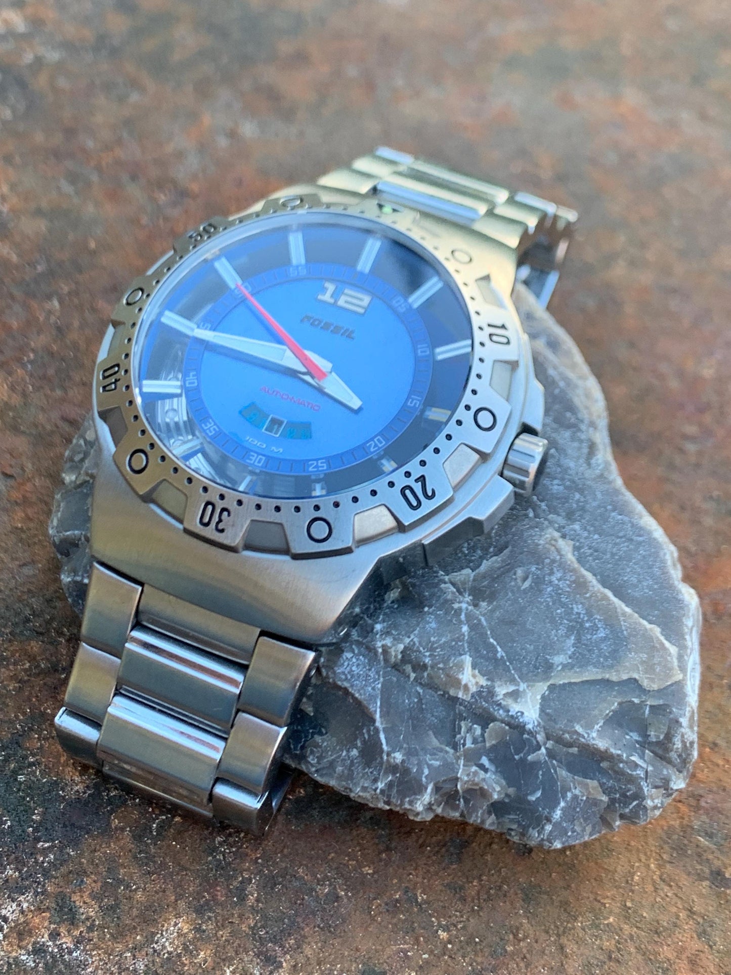 Fossil Blue Automatic 'Poseidon' Watch AM-4028 - Blue Dial, Diver Style w/ Rotating Bezel, Excellent Cond, 42mm.