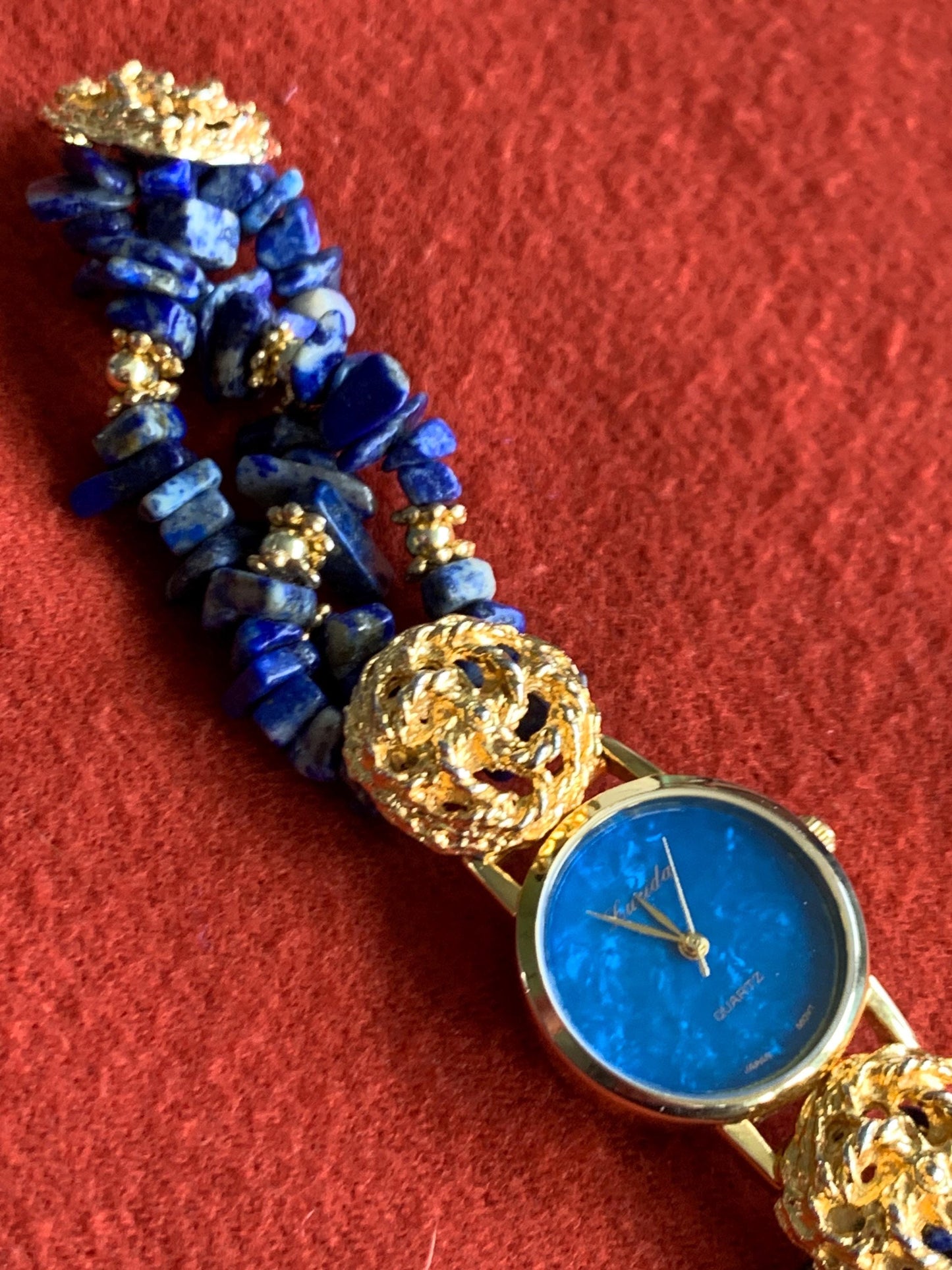 Ladies Cocktail Gemstone Bracelet Watch with Stone Dial. Lapis Lazuli Stone Bracelet with Lucida Stone Dial Watch, New Batt, 1990s Unique