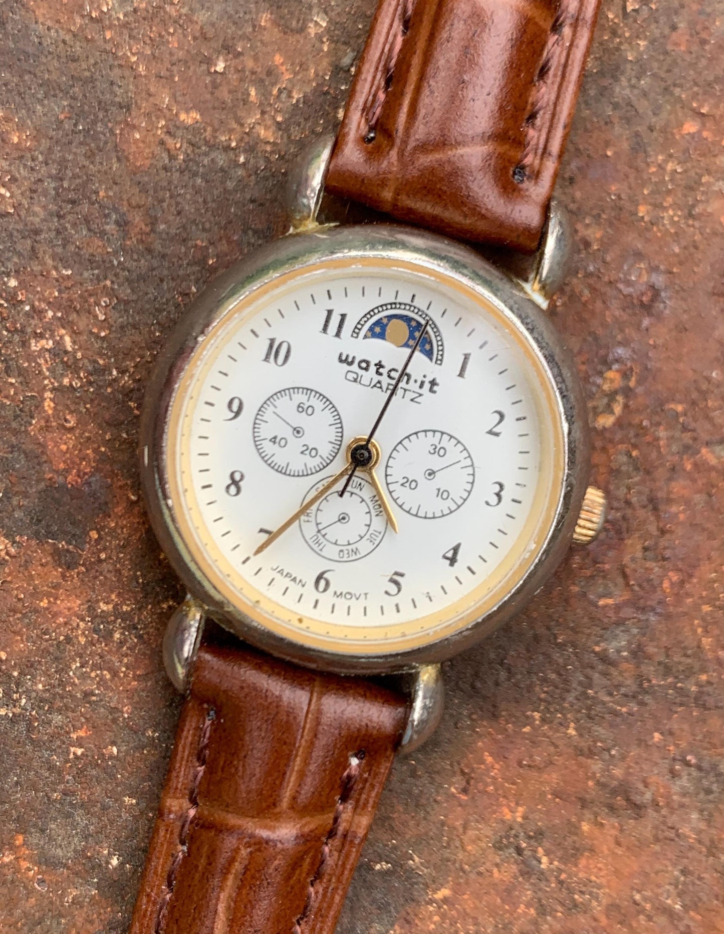 Many Many Moons Moon Phase Women's Quartz Watch - Watch-It Brand by Nelsonic. New battery. True Moon Month. Good but quite worn condition.