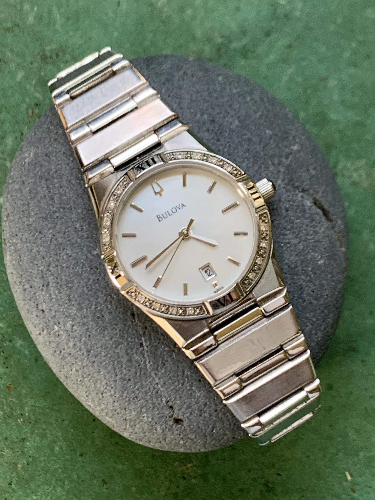 Bulova Ladies Bracelet-Style Roman Steel Watch with Subtle Diamond Bezel - Mother of Pearl Dial with Integral Bracelet. Excellent.