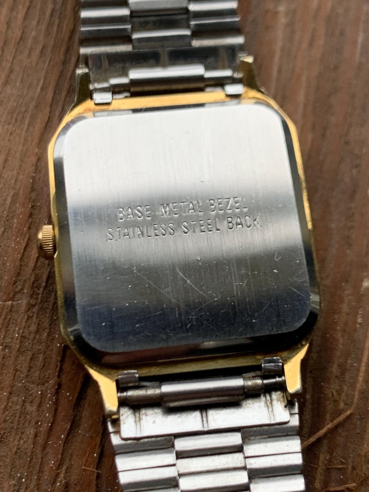 1980s Benrus Quartz Tank Watch - Retro Octagonal Tank Watch with 2-Tone Gold Dial, Gold Case & Integral Original Band. Cool Analog 80s Watch