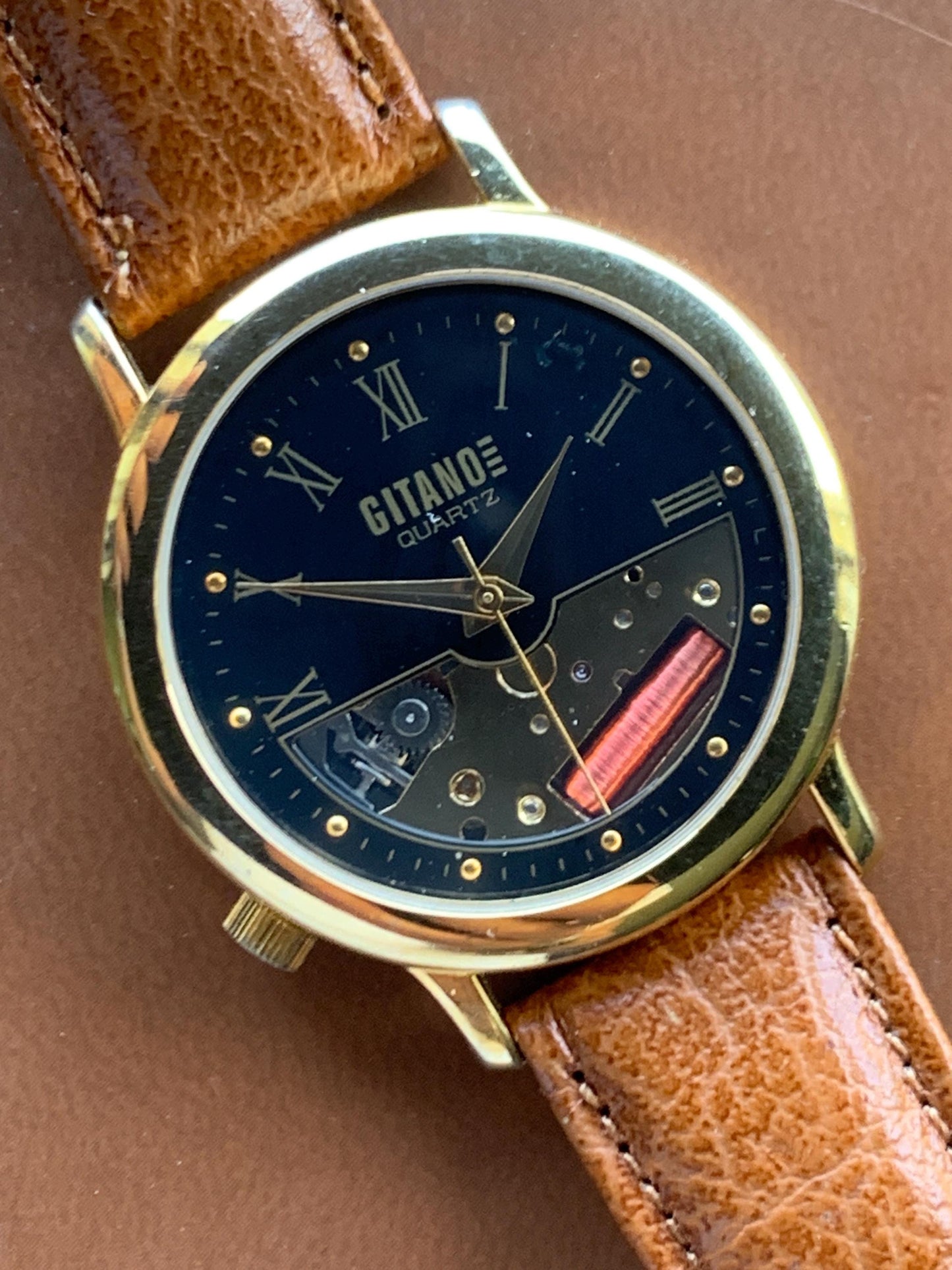 1990s Gitano Skeleton Quartz Watch: Black Roman Numeral Dial, 34mm