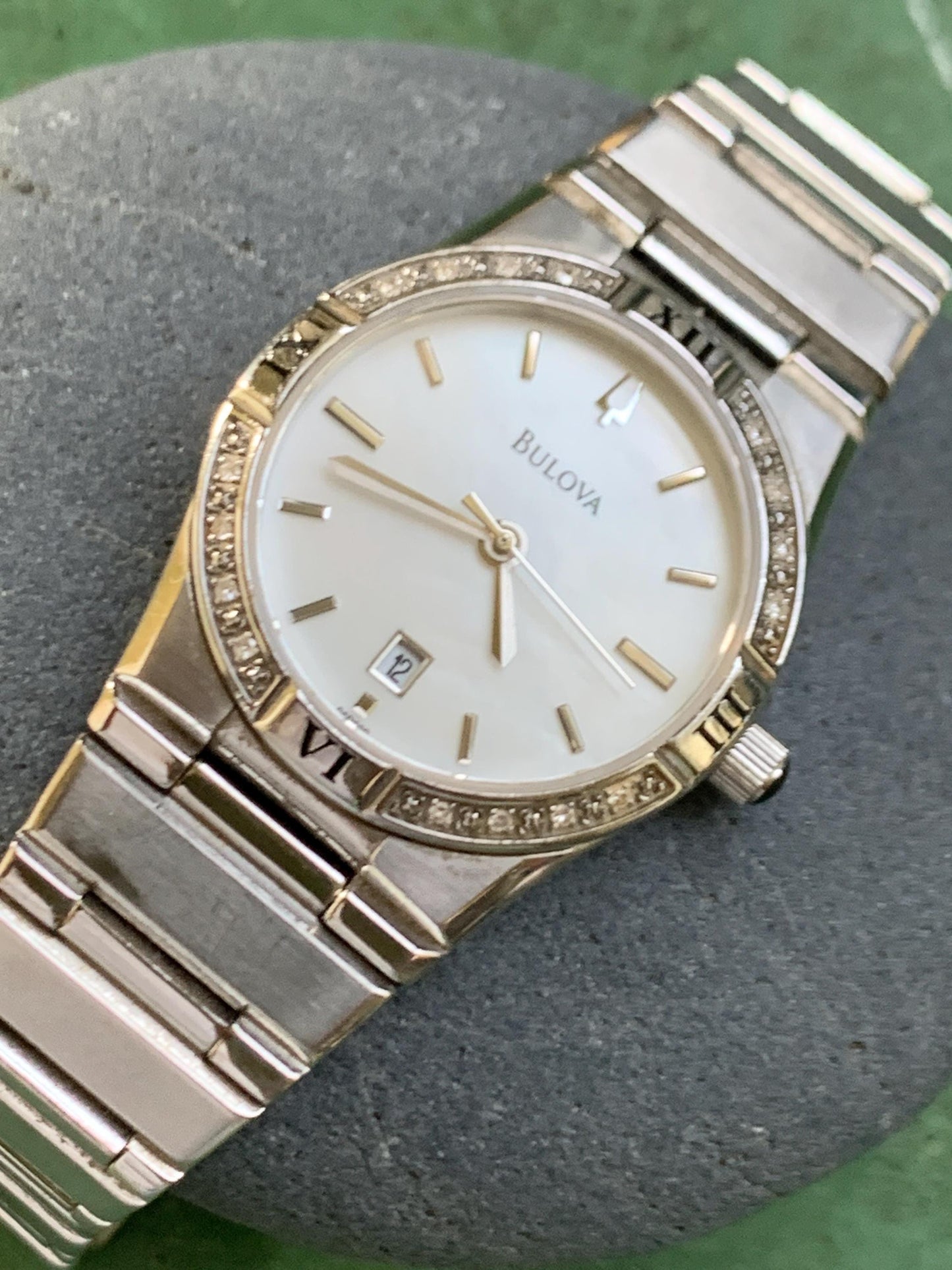 Bulova Ladies Bracelet-Style Roman Steel Watch with Subtle Diamond Bezel - Mother of Pearl Dial with Integral Bracelet. Excellent.