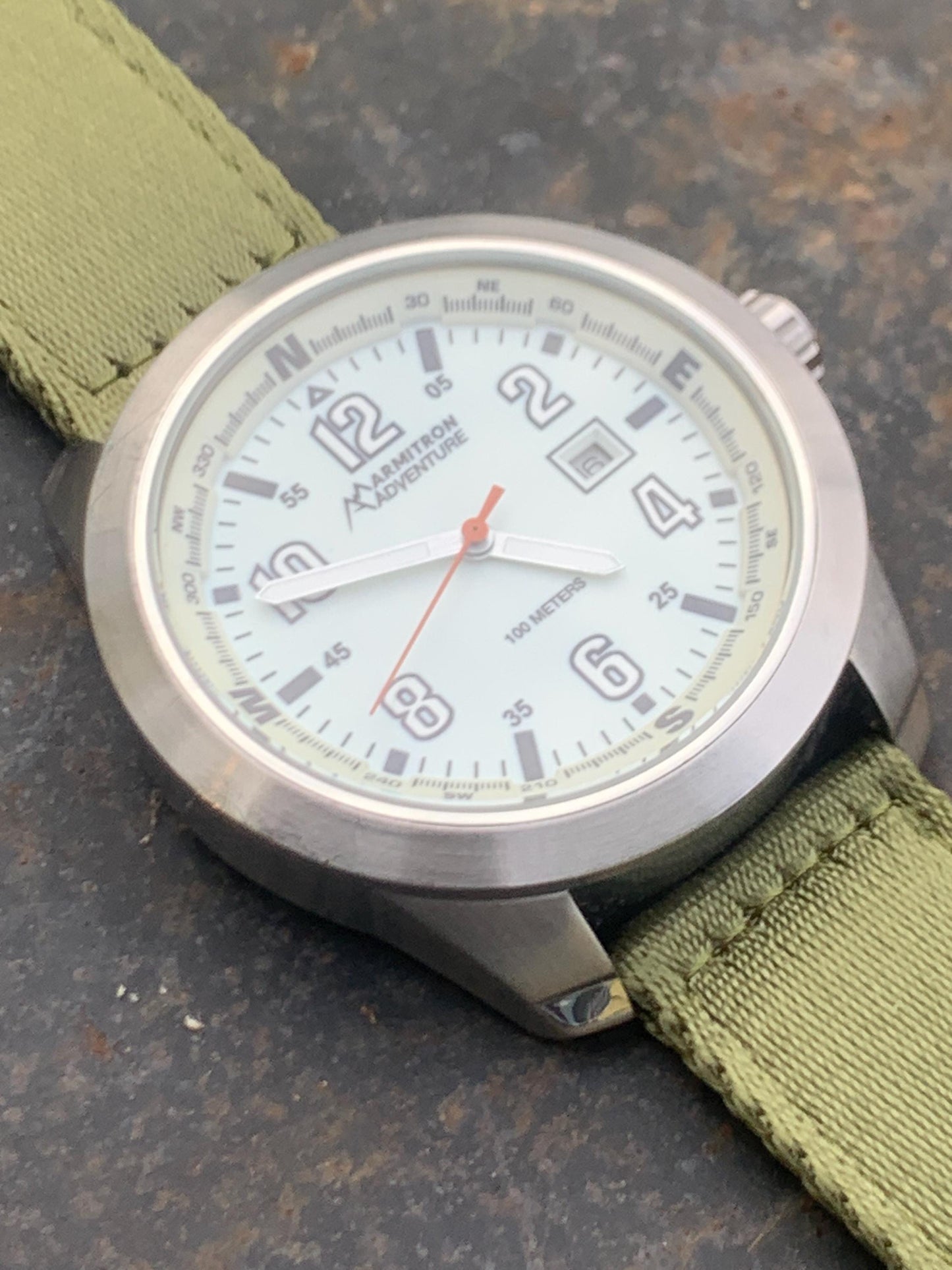 HUGE Armitron Adventure Watch - Brushed Metal, White Glowing Night Dial, 46mm! Date, Works Well, New Green Nylon Strap. New Batt. Outdoorsy
