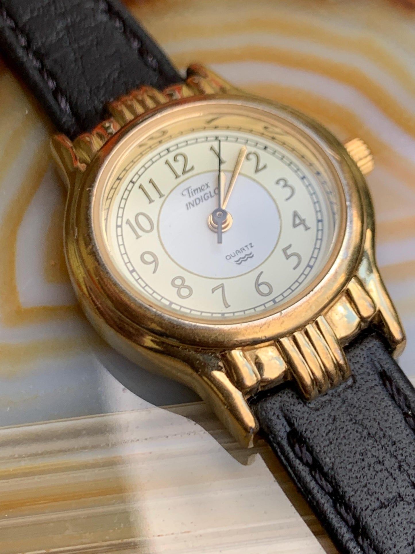 Elegant Timex Indiglo Women's Watch - 1998 Classic Two Tone Dial w/Decorative Gold Tone Fancy Lugs and Bezel. Very Good Condition.