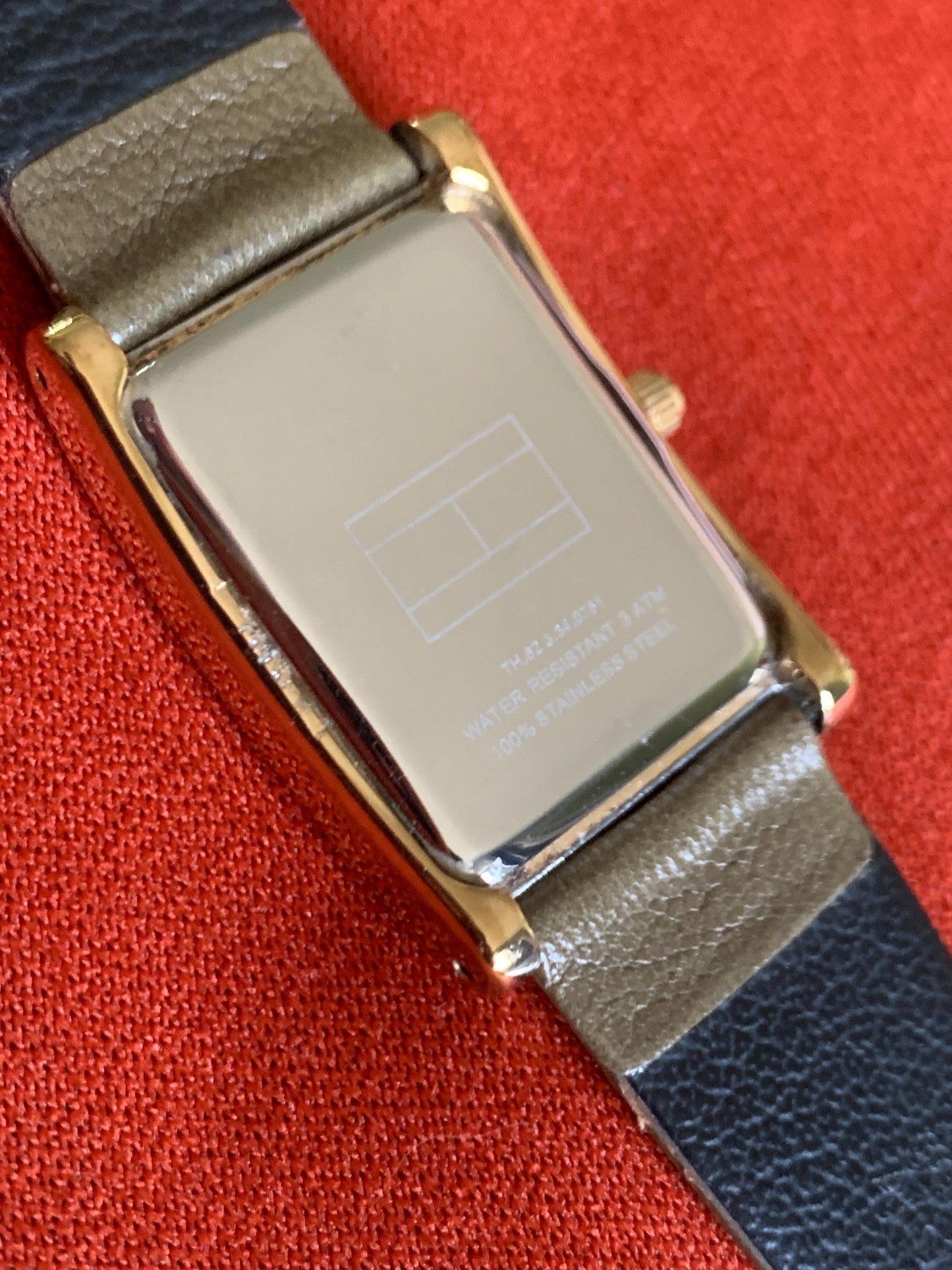 Late 90s Retro-Style Tank Watch: Gold Tone Tommy Hilfiger Tank Watch w/Classic Roman Numerals, Gold Dial. Period  Leather Band, New Battery.