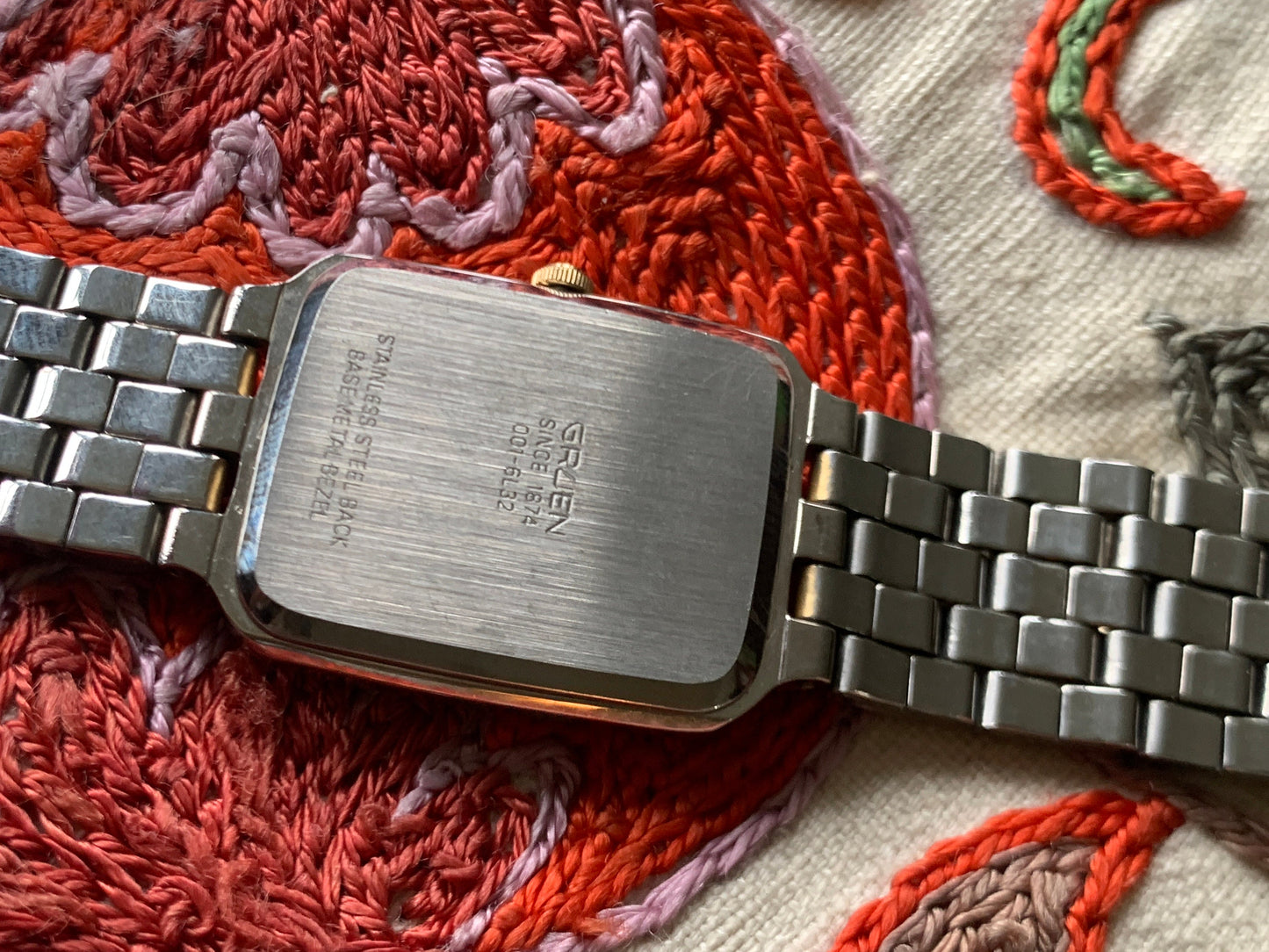 Neo-Vintage: 1980s Gruen Two Tone Metal Tank Watch - Barely worn, new battery, keeps time well.  Retro flair! 001-6L32
