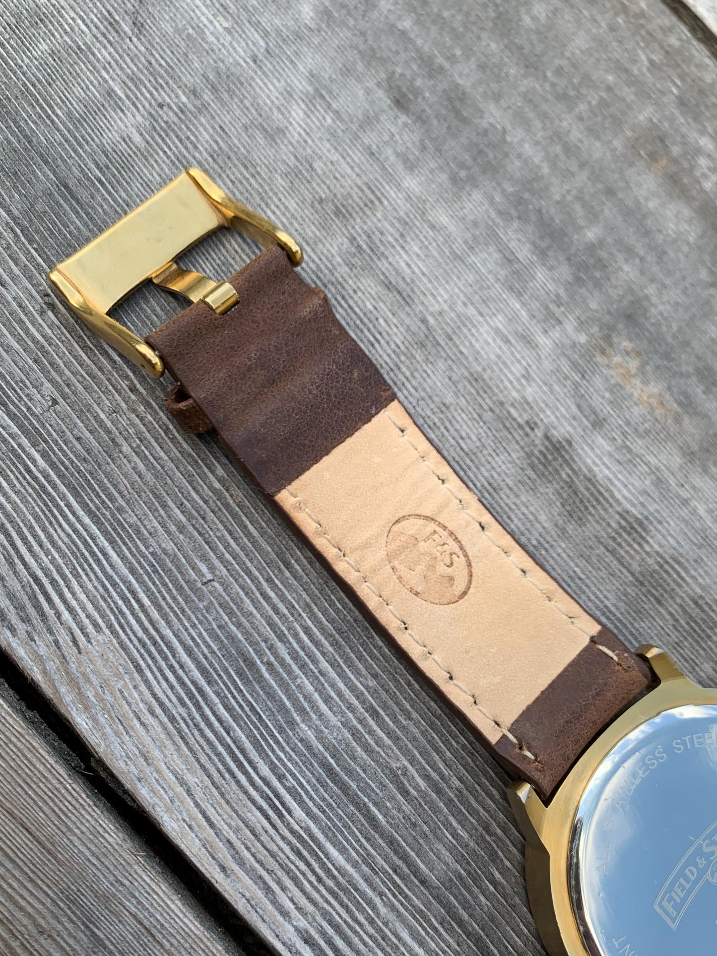 Field & Stream Sporty 44mm Watch - Brushed Gold Metal, Black Dial, Lume, Date, Works Well, Original Gently Worn Leather Strap. New Battery.