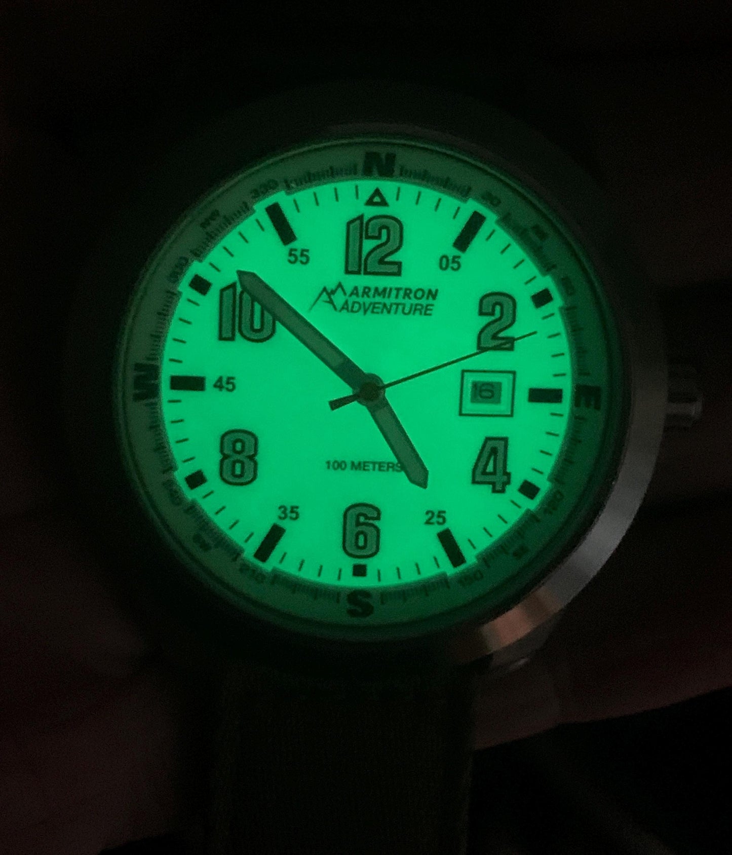 HUGE Armitron Adventure Watch - Brushed Metal, White Glowing Night Dial, 46mm! Date, Works Well, New Green Nylon Strap. New Batt. Outdoorsy