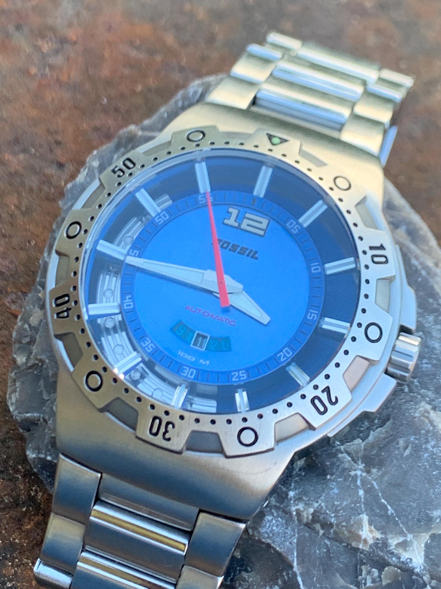 Fossil Blue Automatic 'Poseidon' Watch AM-4028 - Blue Dial, Diver Style w/ Rotating Bezel, Excellent Cond, 42mm.