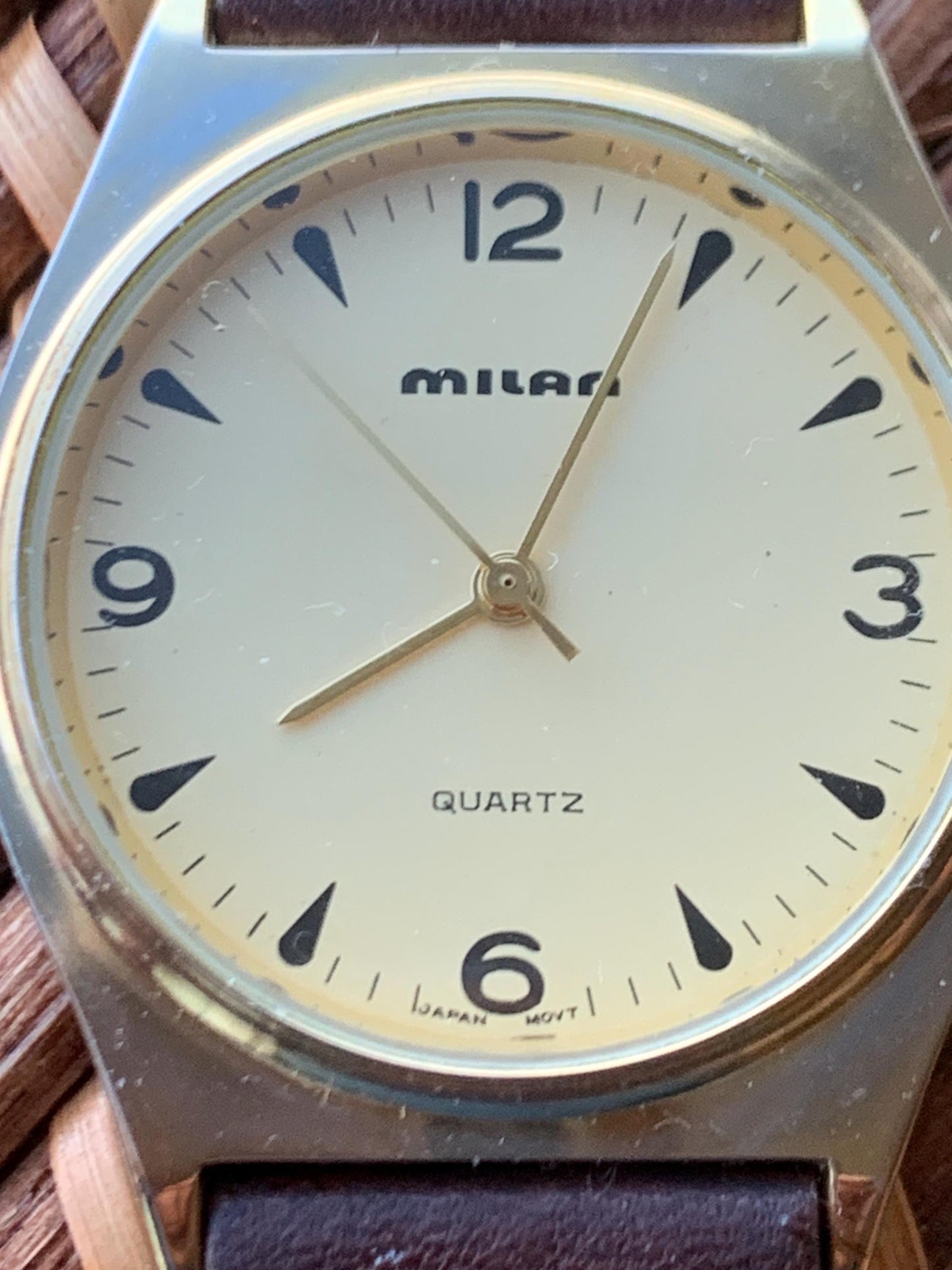 1990s Milan Quartz Watch. Super Shiny Gold tone. Retro Vintage. New Leather Band, Gold Dial. Great Retro Modernist Design, New Battery.