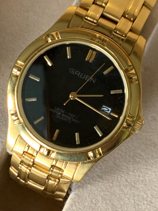 NOS 1990s Gruen Gold Tone Watch with Black Dial & Cufflinks