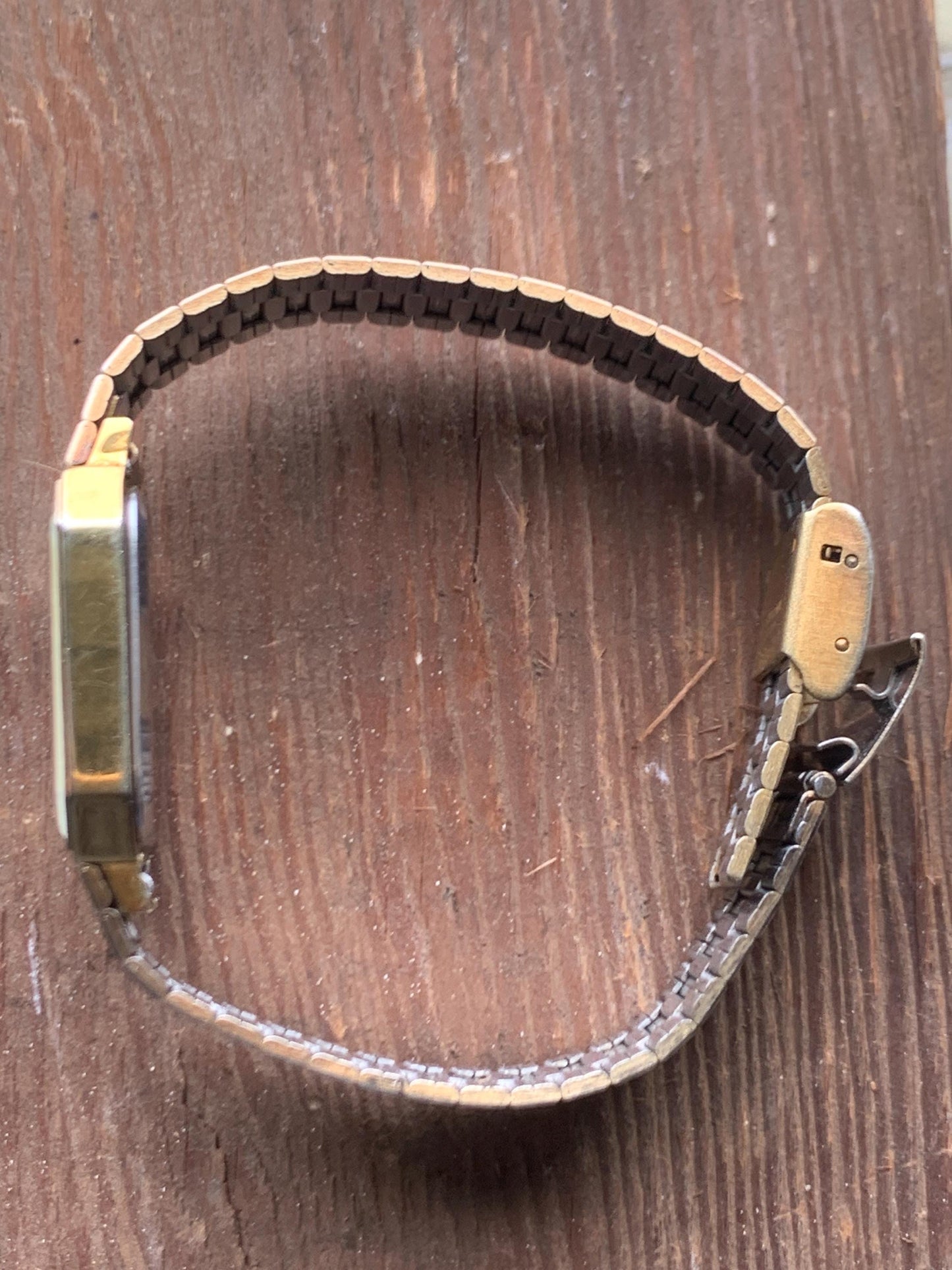 1980s Benrus Quartz Tank Watch - Retro Octagonal Tank Watch with 2-Tone Gold Dial, Gold Case & Integral Original Band. Cool Analog 80s Watch