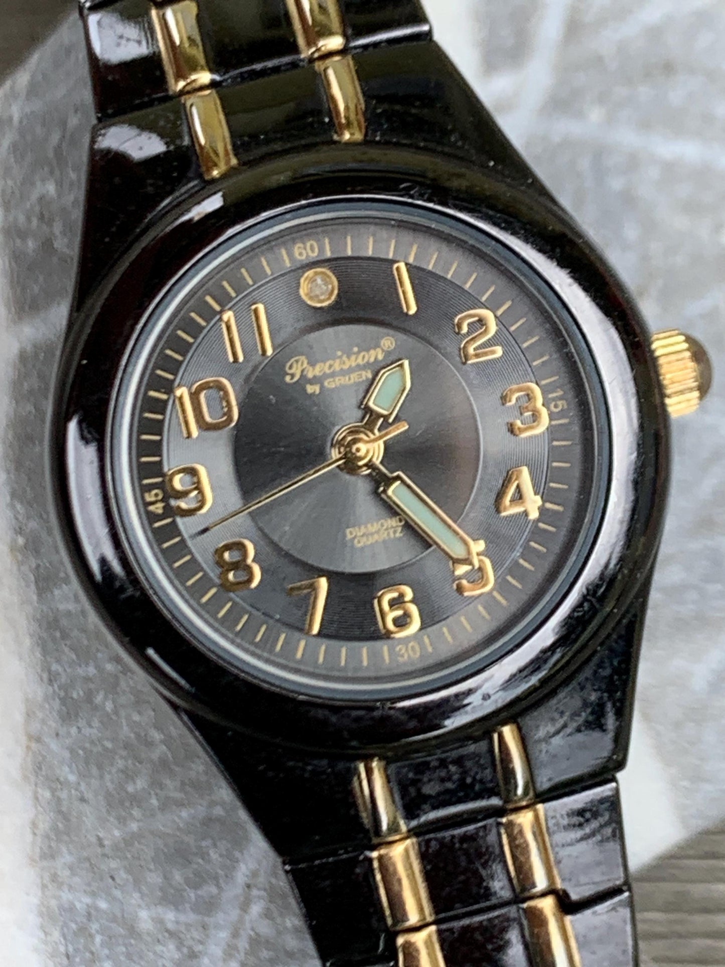 Precision by Gruen Women's Quartz Watch Two Tone Dark Steel and Gold.  Radiant Dial. Barely worn, new battery, runs well. 6.25"