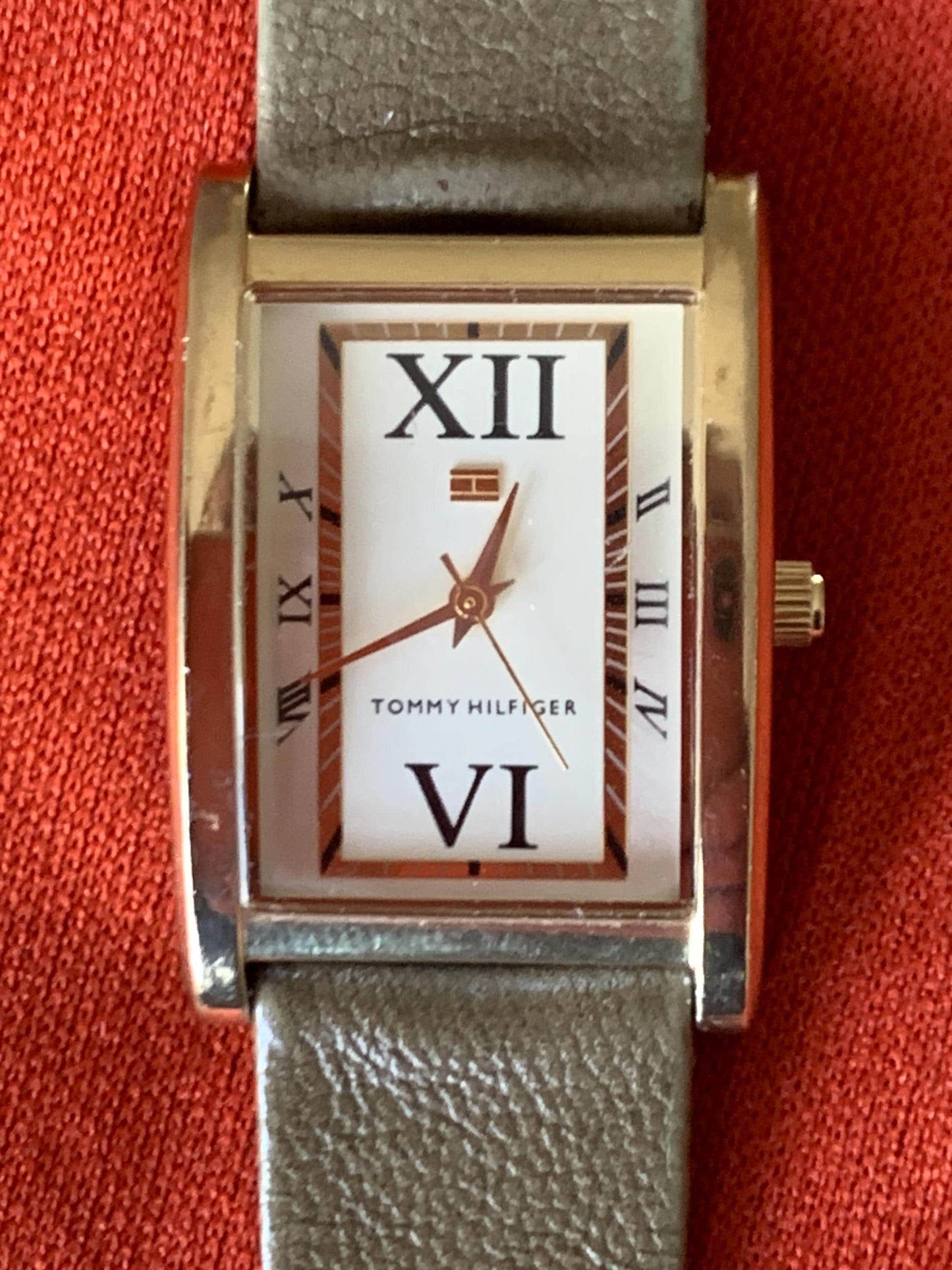 Late 90s Retro-Style Tank Watch: Gold Tone Tommy Hilfiger Tank Watch w/Classic Roman Numerals, Gold Dial. Period  Leather Band, New Battery.