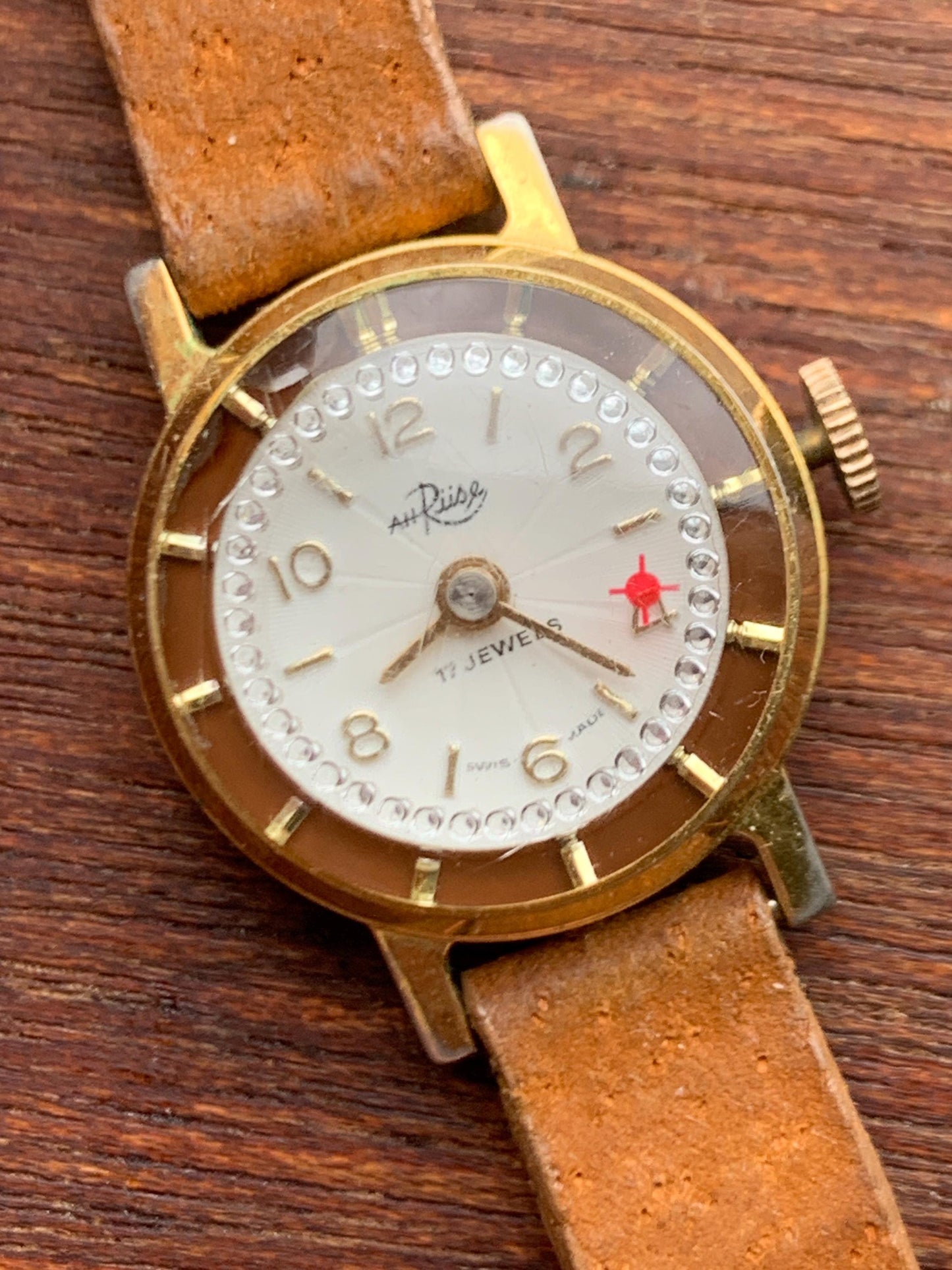 Vintage AH Ruse Ladies Novelty Cocktail Watch - 17 Jewels Swiss Movement Manual Winder, Runs Well. Sparkling Jewel Effects. NOS Leather Band