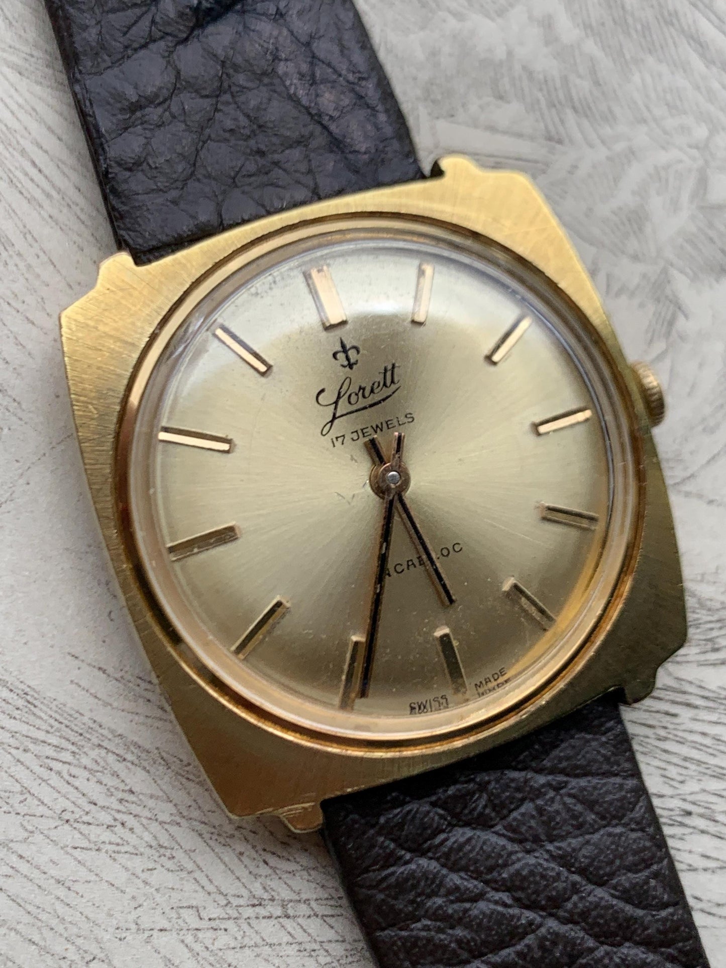 Early 70s Swiss Made Lorett Winder Watch - Square Gold Tone w/ Radiant Dial  Vintage Style Leather Strap. Incabloc. Works. Slim. Cool.