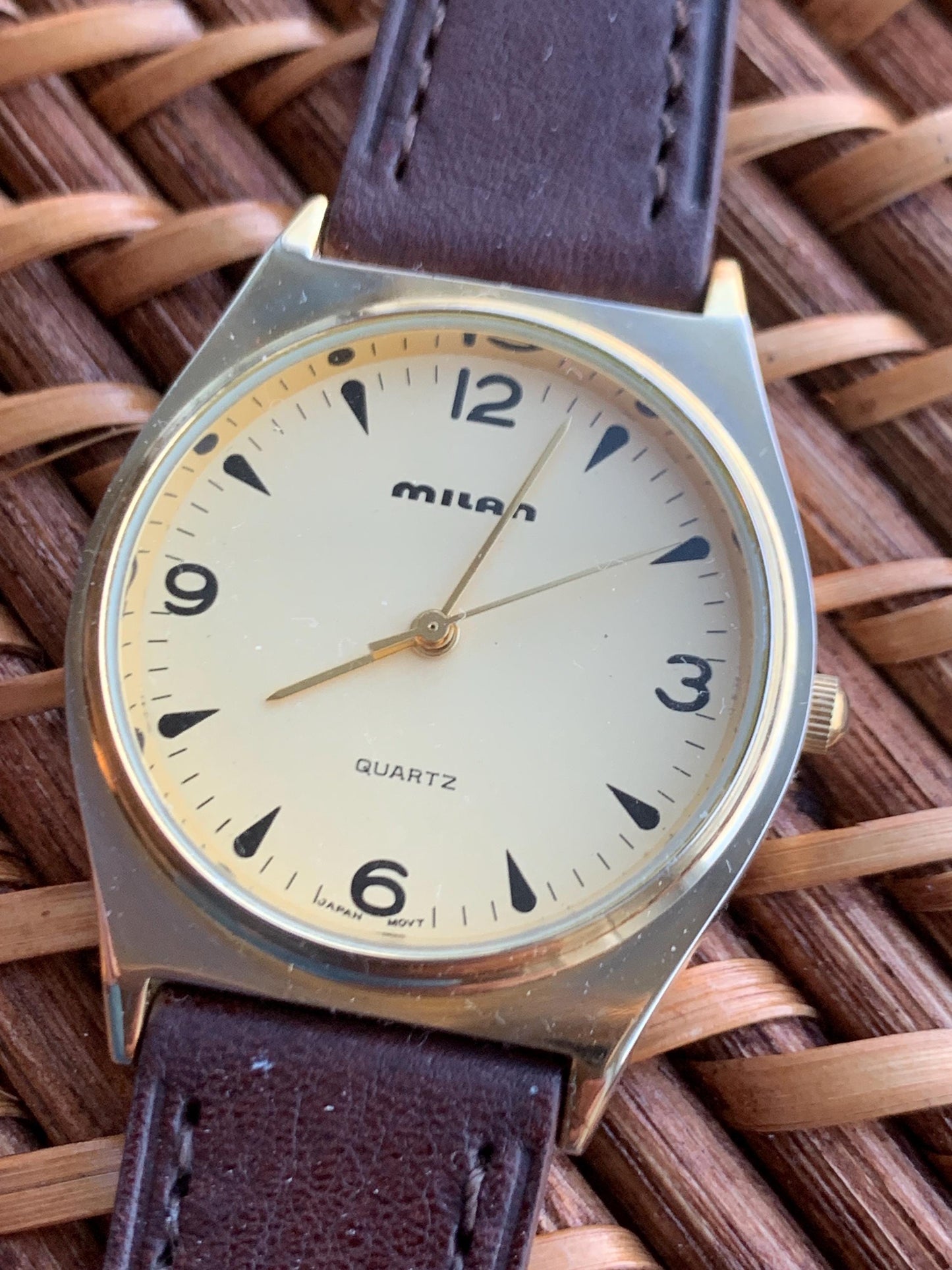 1990s Milan Quartz Watch. Super Shiny Gold tone. Retro Vintage. New Leather Band, Gold Dial. Great Retro Modernist Design, New Battery.