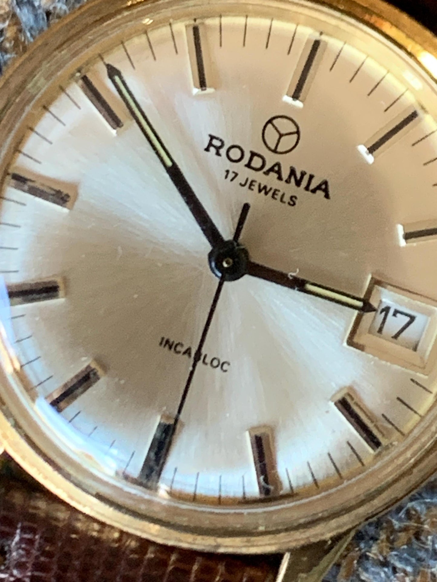 Rodania French/Swiss Made Late 60s Winder with NOS LARGE Hadley Roma Teju Lizard Strap. 33mm 17J Gold Tone w/Radiant Dial. Date. Excellent.