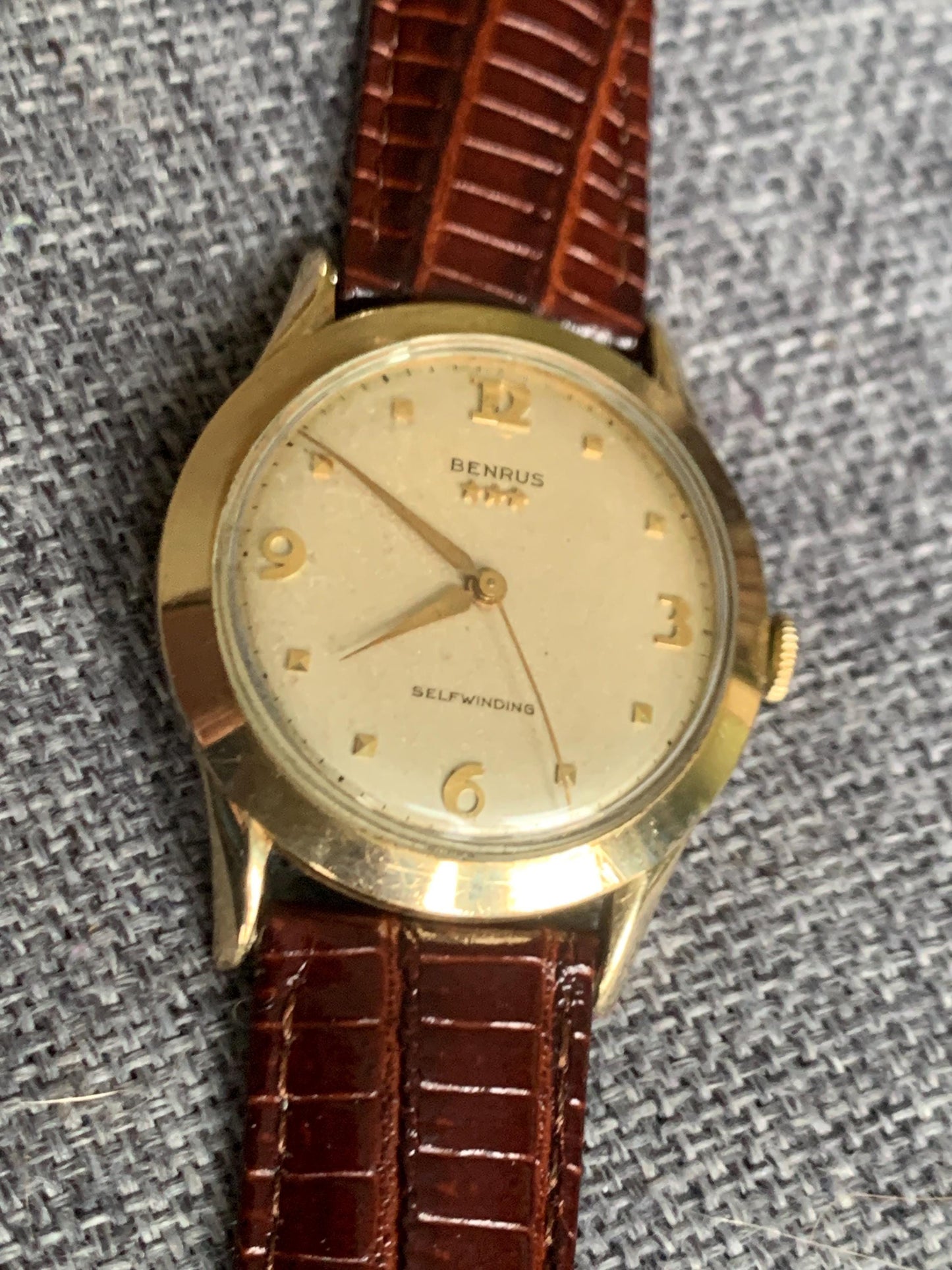 Gold Filled Benrus Three Star Self-winding Automatic Watch. 10K Gold Filled. Good working condition. Nice retro numbers, New Leather Strap.