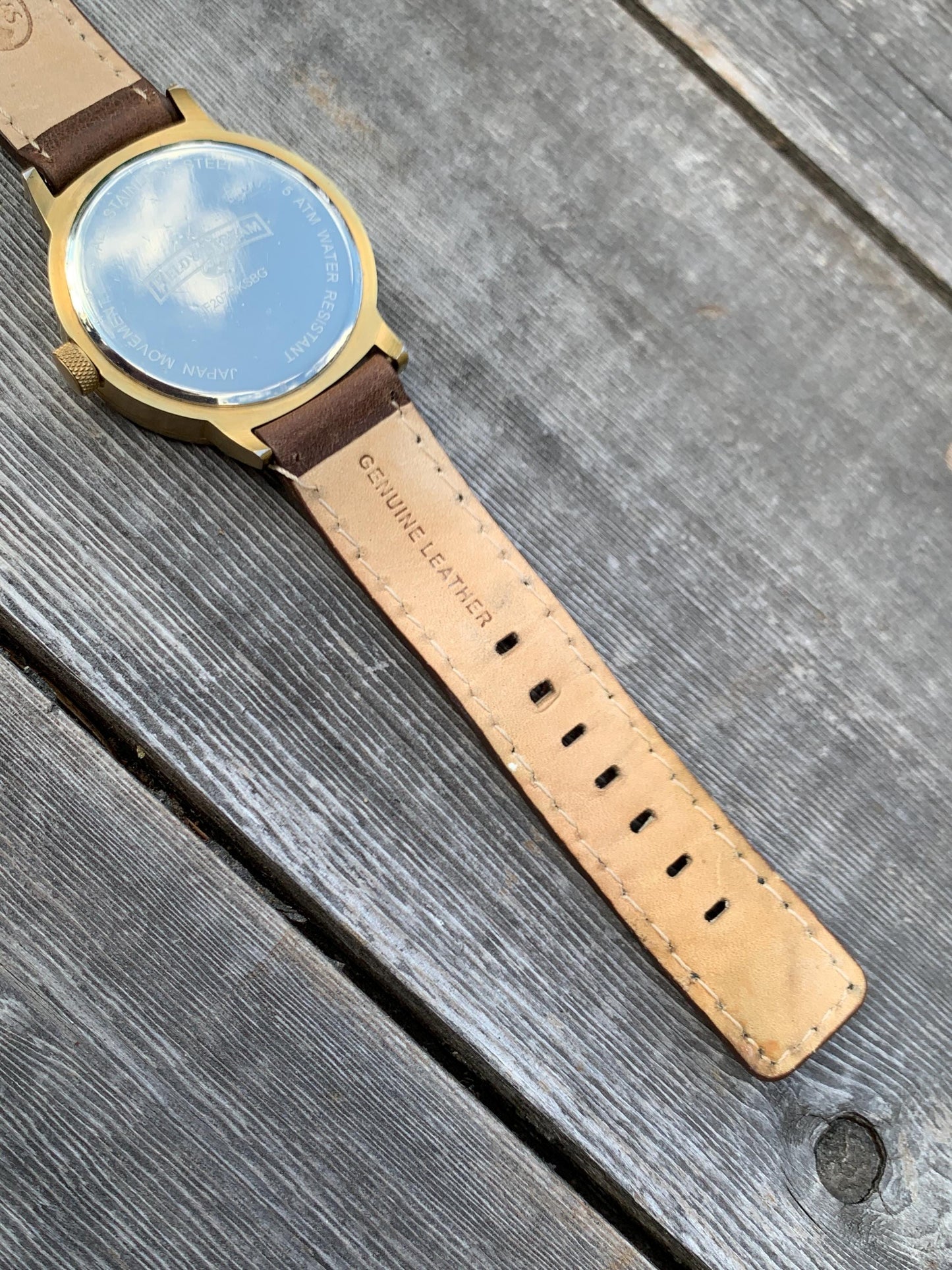 Field & Stream Sporty 44mm Watch - Brushed Gold Metal, Black Dial, Lume, Date, Works Well, Original Gently Worn Leather Strap. New Battery.