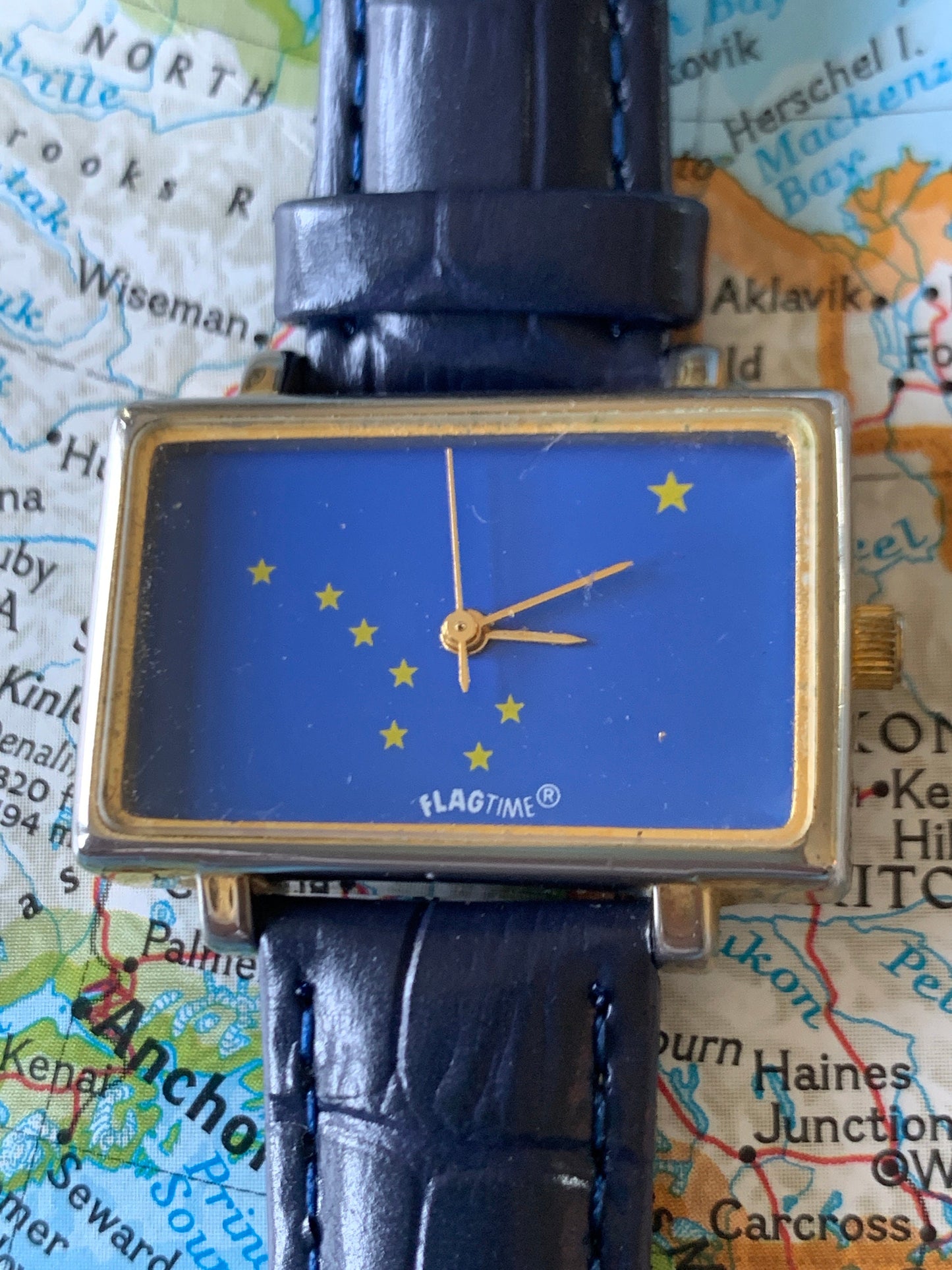1980s Alaska Flag Watch from Flagtime Watch Co. - Rectangular Blue Dial Quartz watch with Big Dipper and North Star Flag. New Blue Strap.