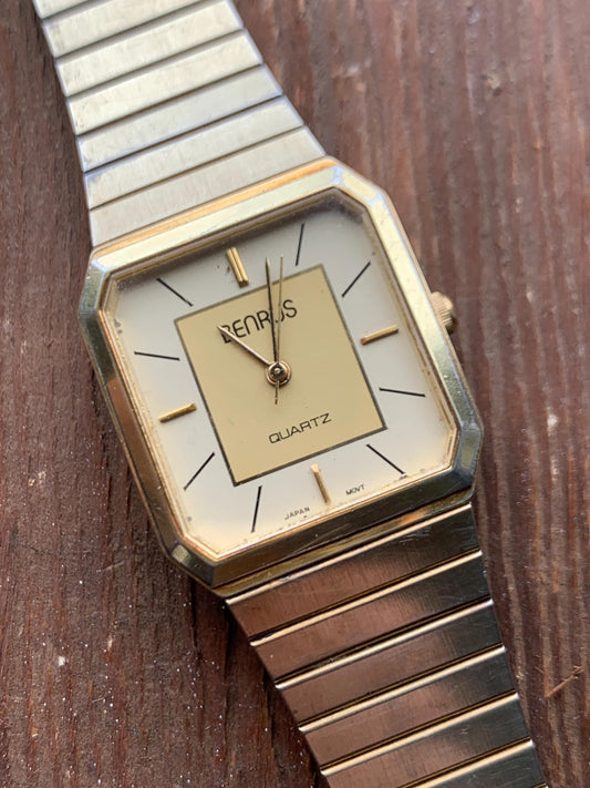 1980s Benrus Quartz Tank Watch - Retro Octagonal Tank Watch with 2-Tone Gold Dial, Gold Case & Integral Original Band. Cool Analog 80s Watch