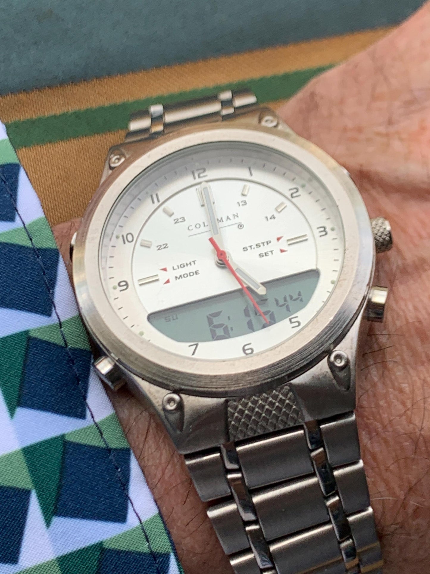 Let's Go Camping! Coleman Watch - Ani Digi, Retro, Heavy, 40mm, Thick, Red Sweep, Radiant Silver Dial, Works Well, Tested. New Battery.