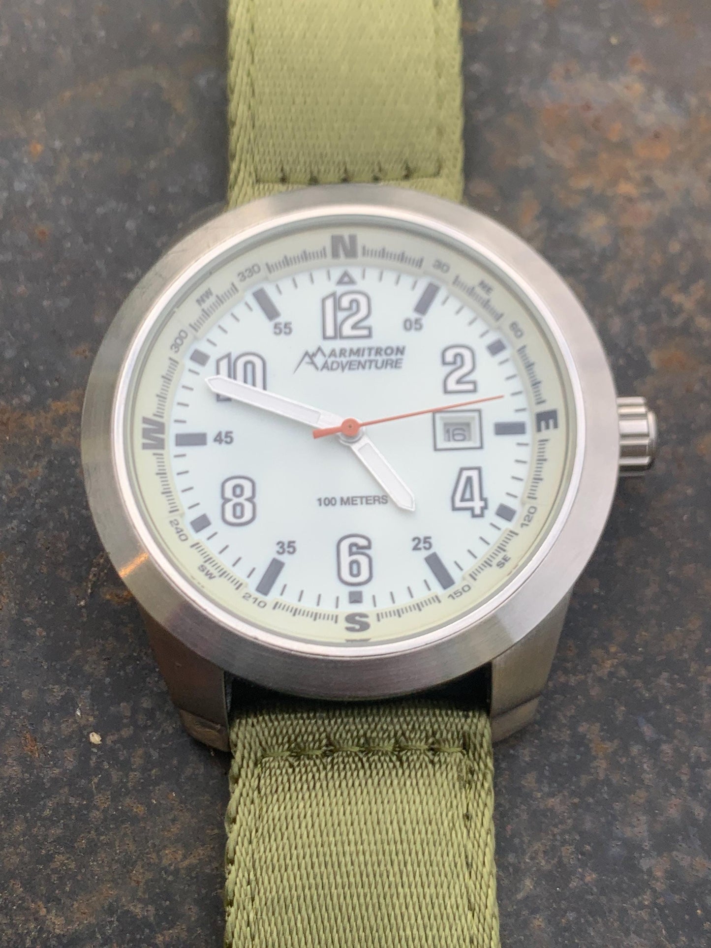 HUGE Armitron Adventure Watch - Brushed Metal, White Glowing Night Dial, 46mm! Date, Works Well, New Green Nylon Strap. New Batt. Outdoorsy