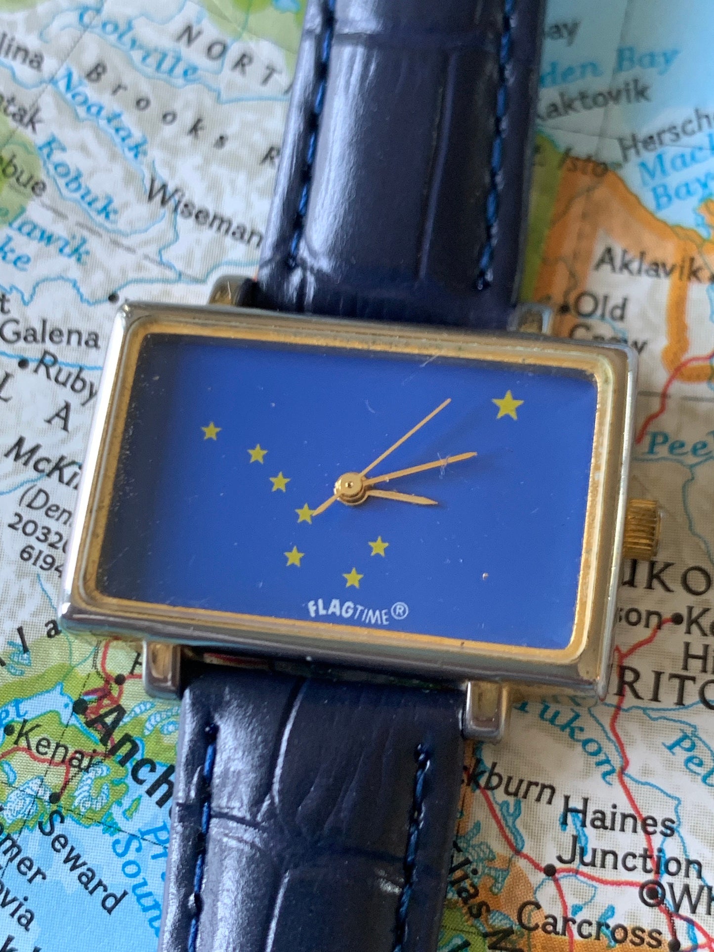 1980s Alaska Flag Watch from Flagtime Watch Co. - Rectangular Blue Dial Quartz watch with Big Dipper and North Star Flag. New Blue Strap.