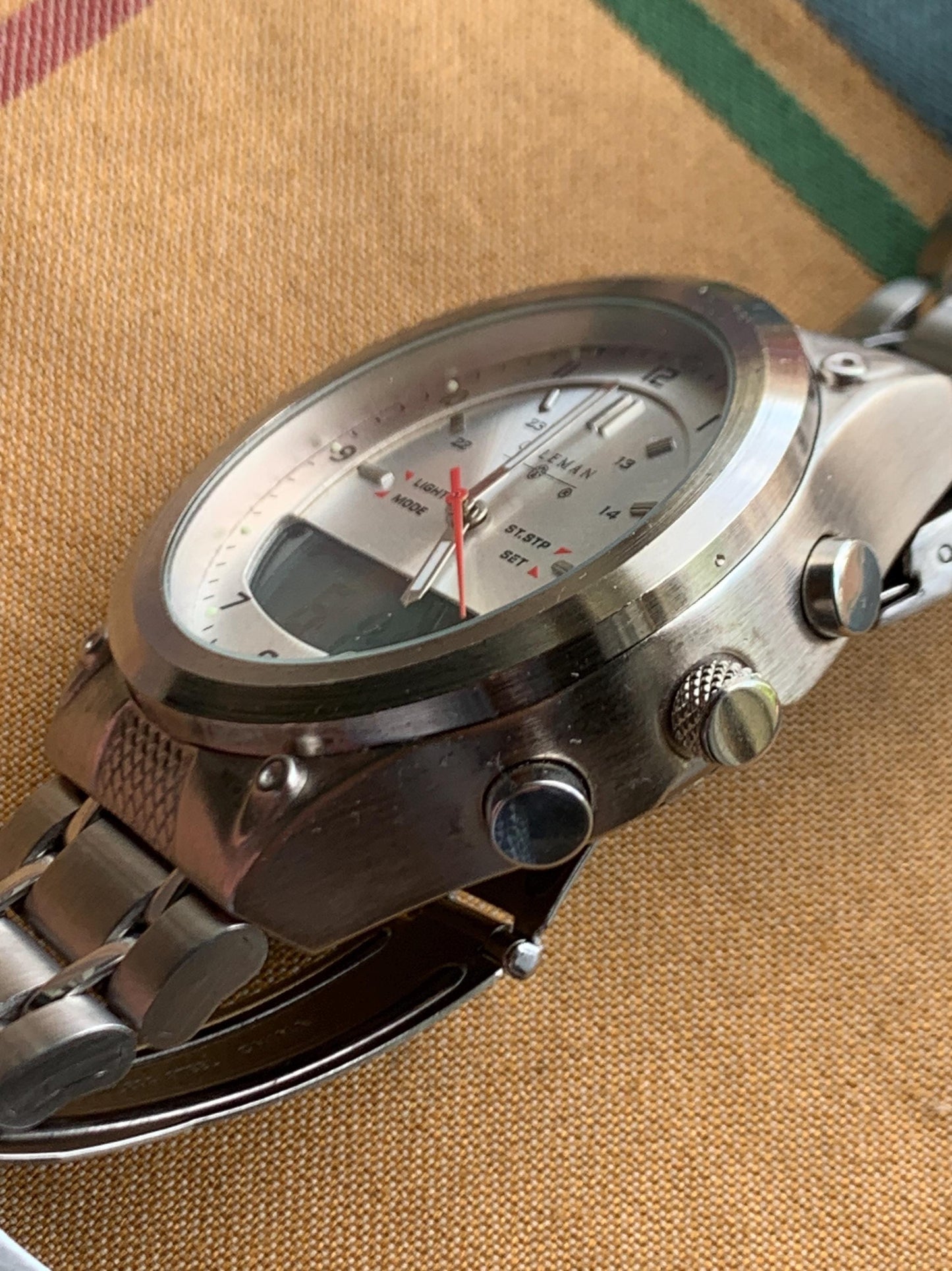 Let's Go Camping! Coleman Watch - Ani Digi, Retro, Heavy, 40mm, Thick, Red Sweep, Radiant Silver Dial, Works Well, Tested. New Battery.