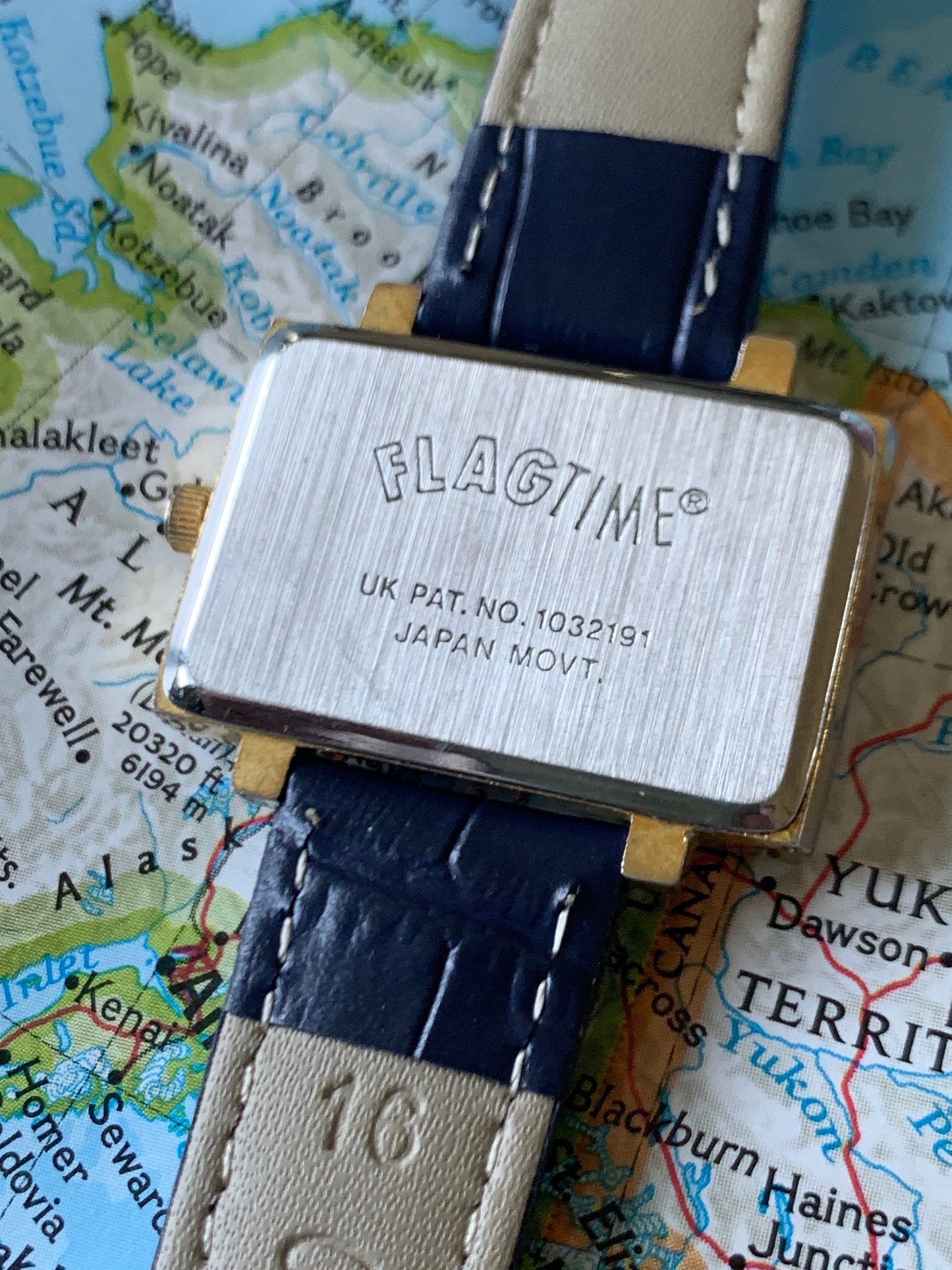 1980s Alaska Flag Watch from Flagtime Watch Co. - Rectangular Blue Dial Quartz watch with Big Dipper and North Star Flag. New Blue Strap.