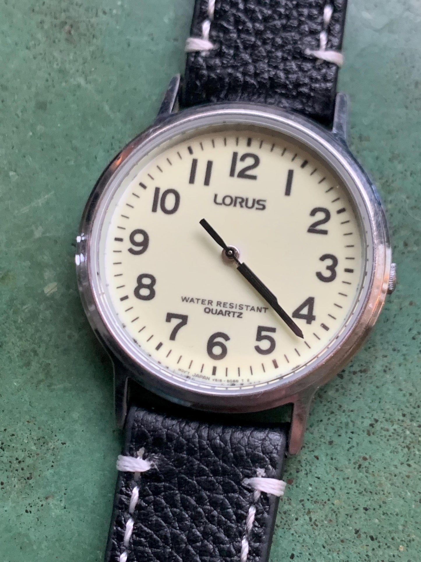 Glow in the Dark Lorus by Seiko Quartz Watch - Silver Tone, Glow in Dark Dial with new black leather Band, New Battery, 1990s, 35mm