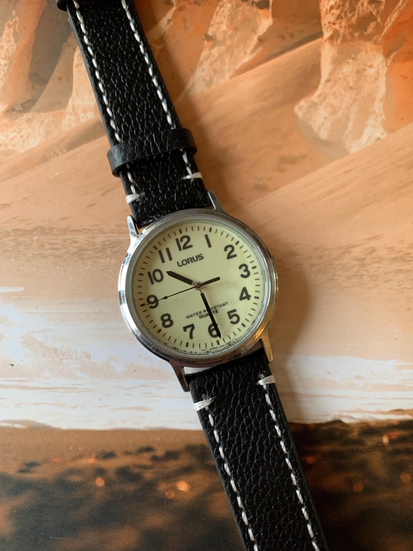 Glow in the Dark Lorus by Seiko Quartz Watch - Silver Tone, Glow in Dark Dial with new black leather Band, New Battery, 1990s, 35mm