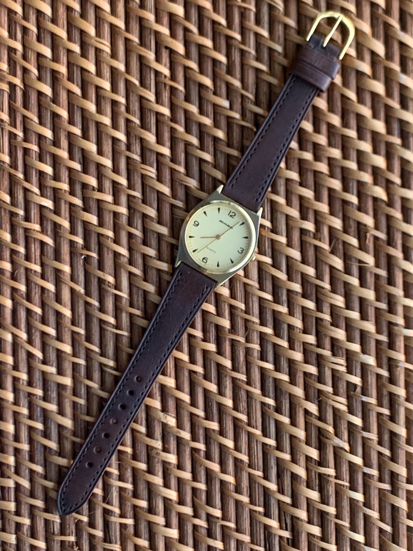 1990s Milan Quartz Watch. Super Shiny Gold tone. Retro Vintage. New Leather Band, Gold Dial. Great Retro Modernist Design, New Battery.