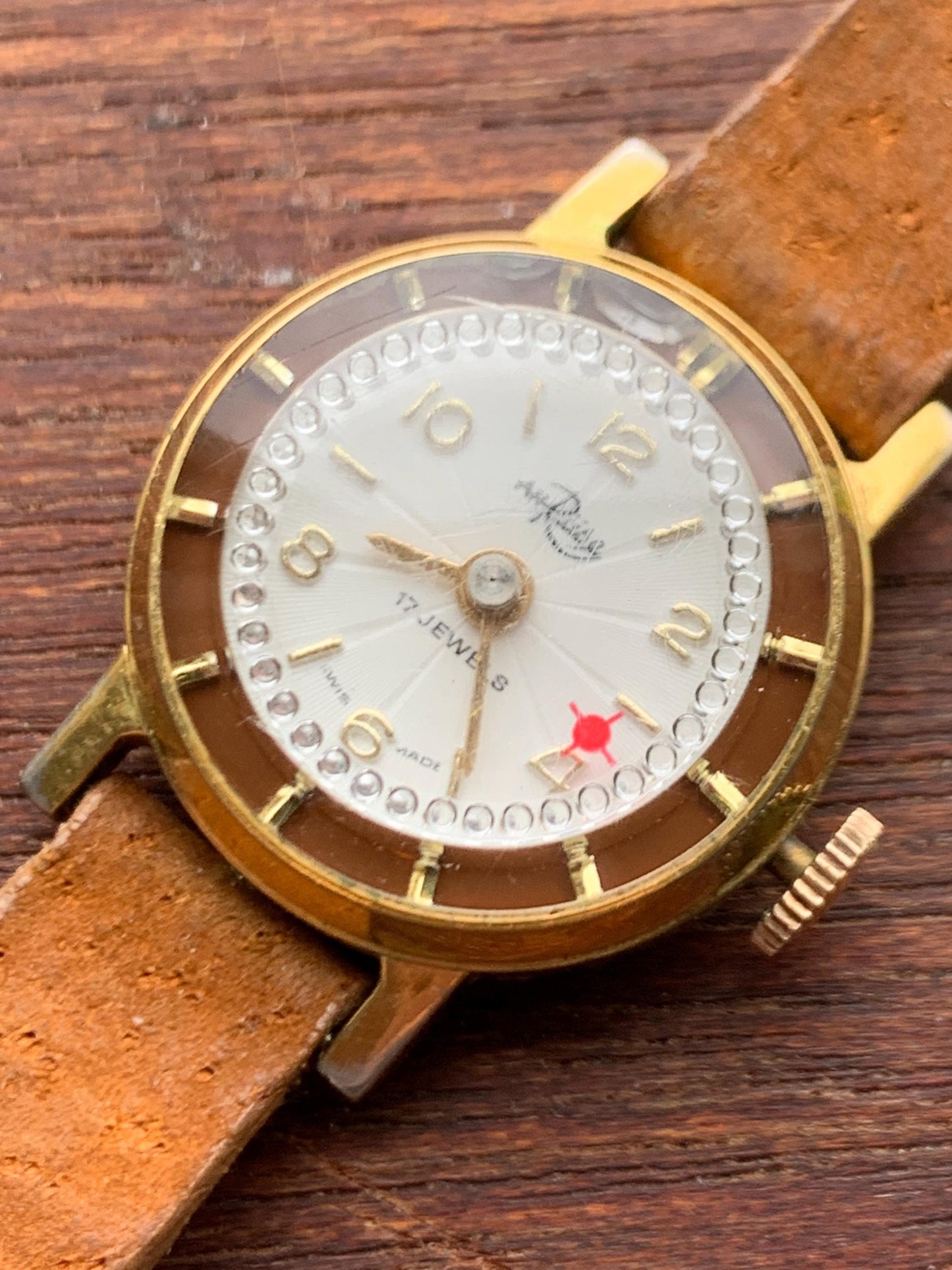 Vintage AH Ruse Ladies Novelty Cocktail Watch - 17 Jewels Swiss Movement Manual Winder, Runs Well. Sparkling Jewel Effects. NOS Leather Band