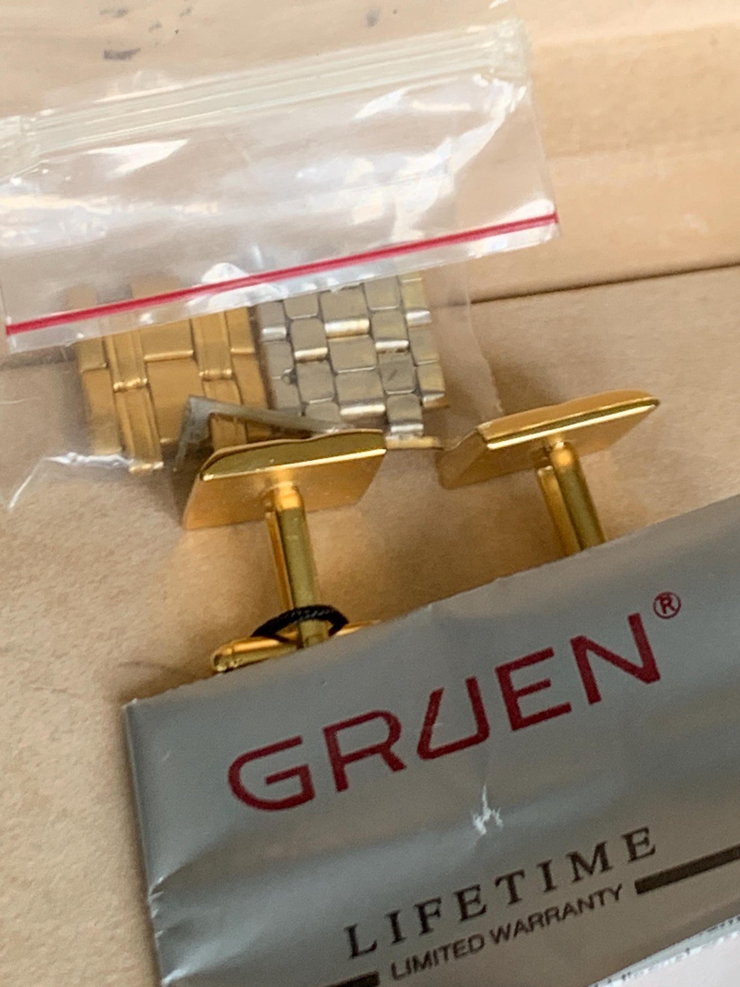 NOS 1990s Gruen Gold Tone Watch with Black Dial & Cufflinks