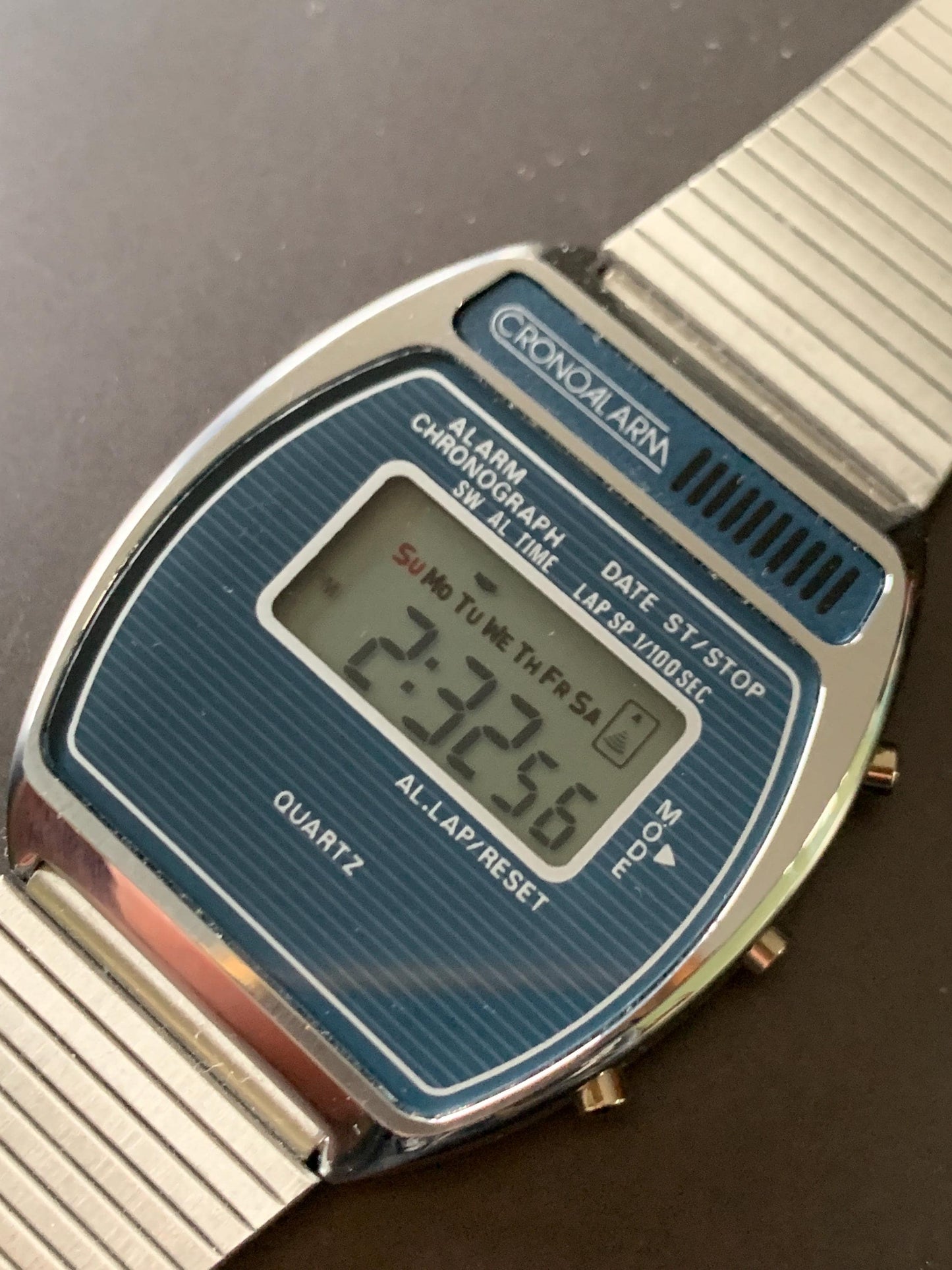 Vintage Cronoalarm Digital Quartz Watch - Pristine Early 1980s Mens LCD. New battery, original adjustable stainless bracelet. Works!