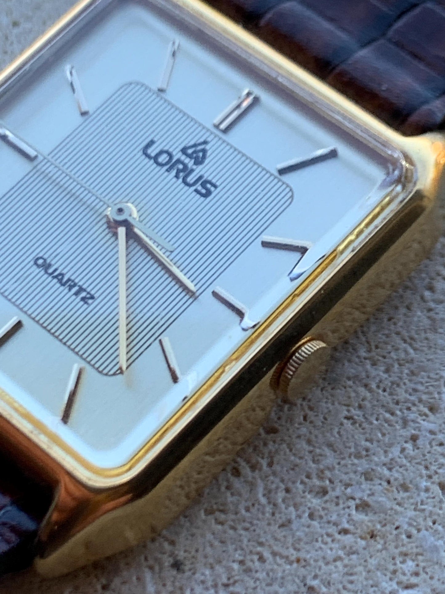 Lorus by Seiko Quartz Tank Watch - Gold Tone, with vintage brown leather Band, New Battery, Accurate, Mid-1980s. Neo Vintage Slim Tank Watch