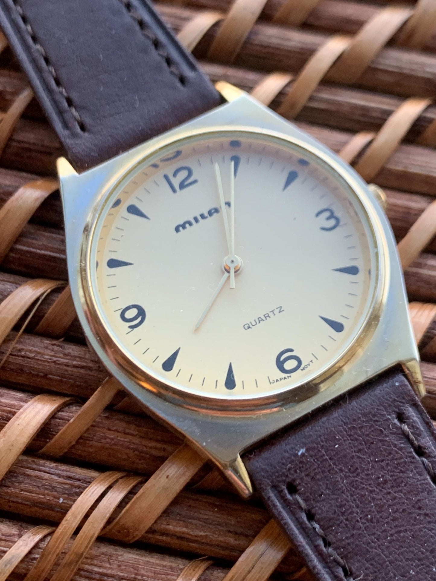 1990s Milan Quartz Watch. Super Shiny Gold tone. Retro Vintage. New Leather Band, Gold Dial. Great Retro Modernist Design, New Battery.