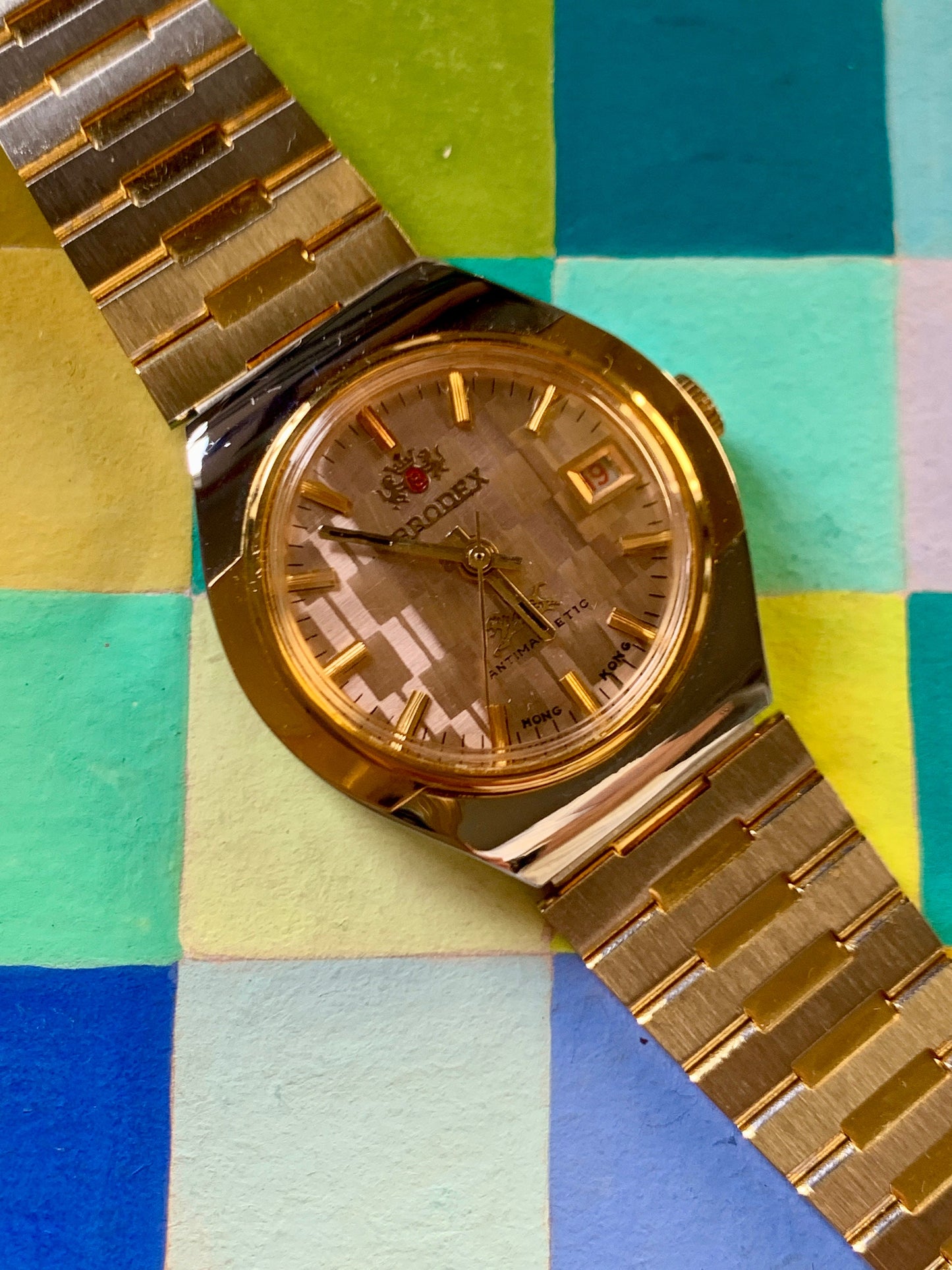 Bro-dex, not Rolex. Winder Watch. Checkerboard Dial, Faceted Glass, Duotone Bezel w/Matching Original Metal Band. Accurate, Clean, Unworn.