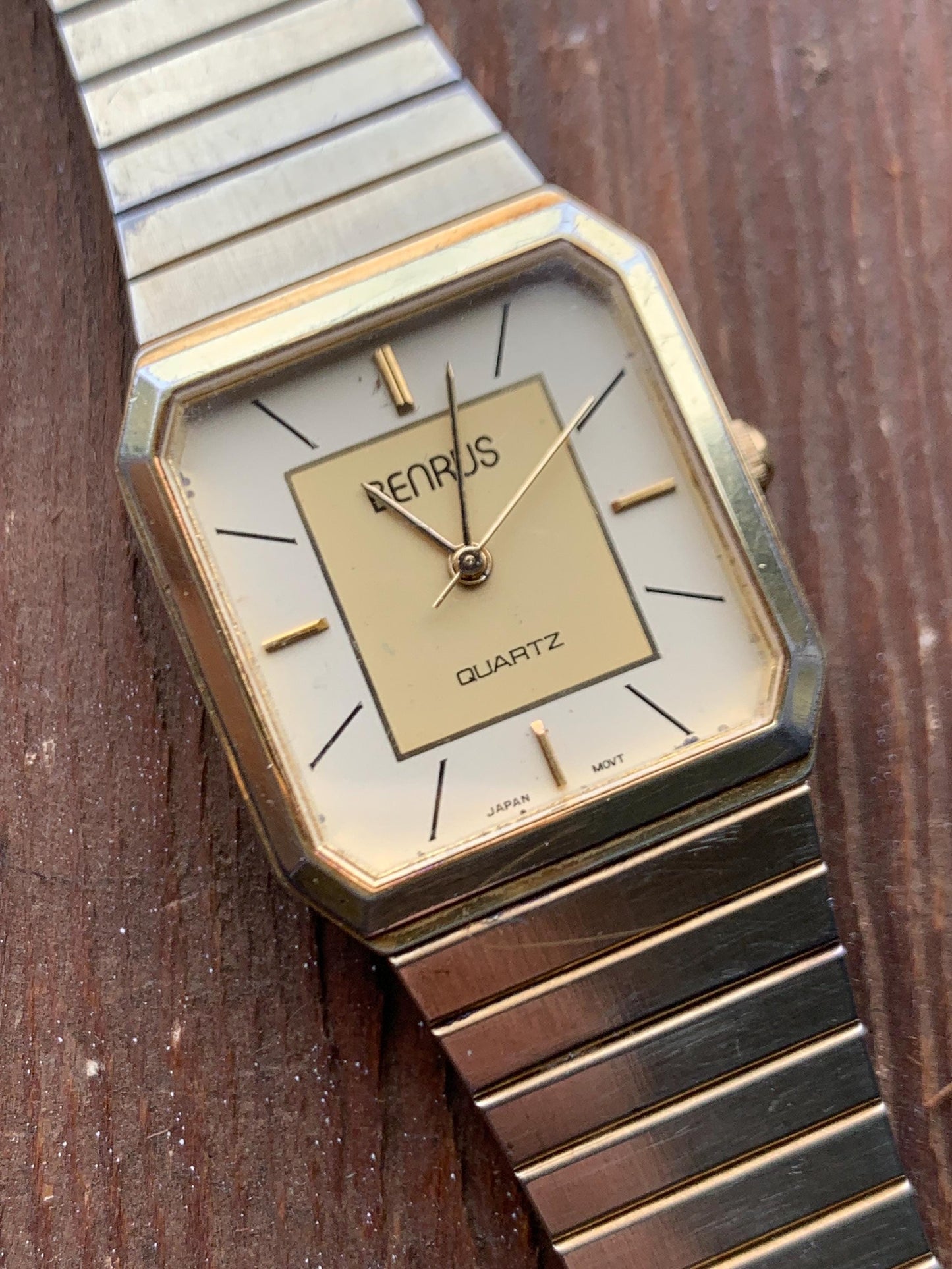 1980s Benrus Quartz Tank Watch - Retro Octagonal Tank Watch with 2-Tone Gold Dial, Gold Case & Integral Original Band. Cool Analog 80s Watch