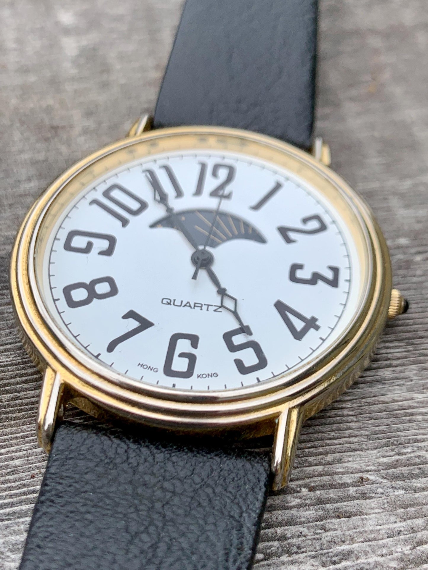 Excellent Large 90s Sun Moon Watch - 44mm Three-Hand 'Moonphase' with Original Leather Band Sun Moon Day Night Watch. Excellent Condition.