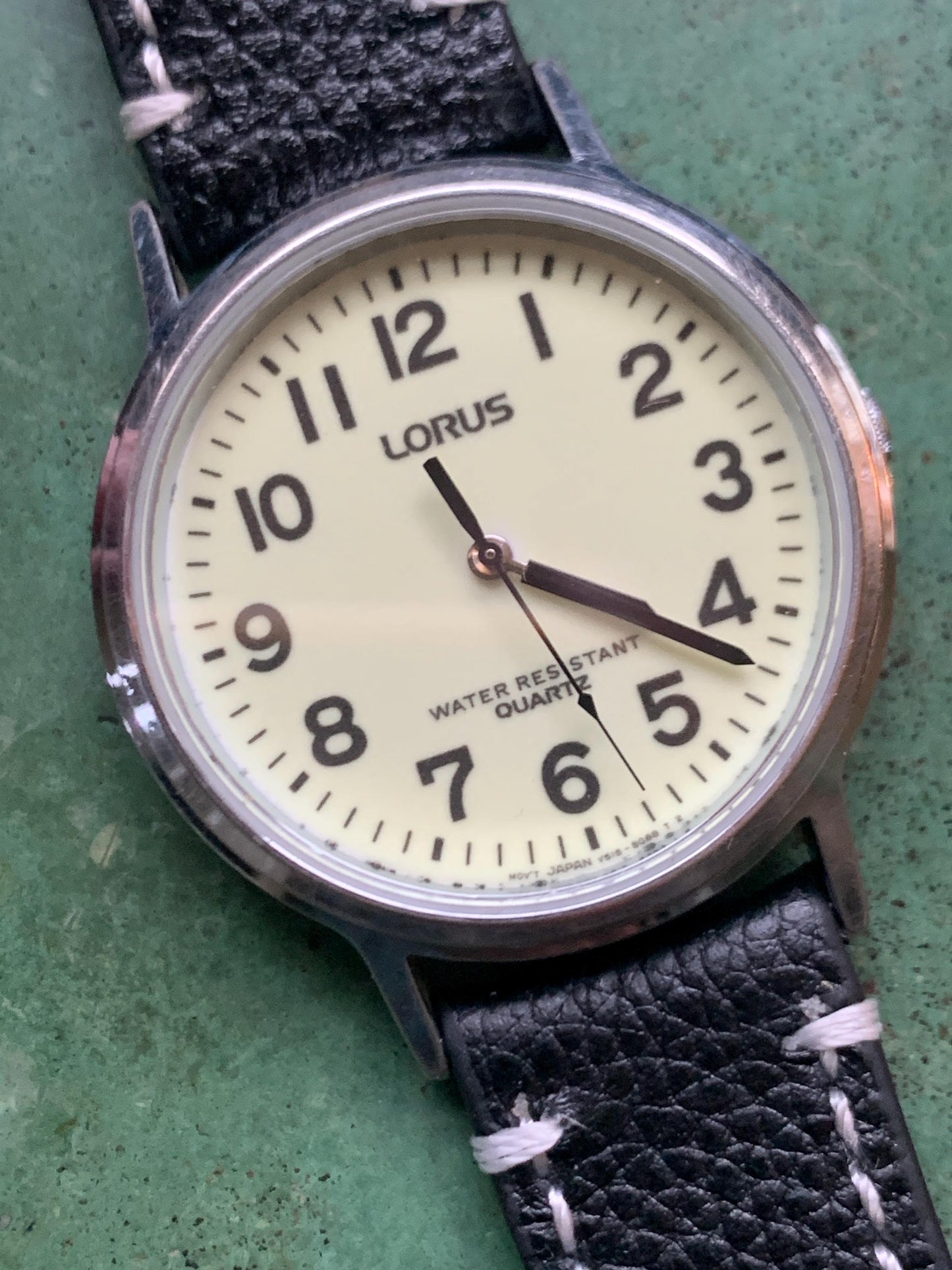 Glow in the Dark Lorus by Seiko Quartz Watch - Silver Tone, Glow in Dark Dial with new black leather Band, New Battery, 1990s, 35mm