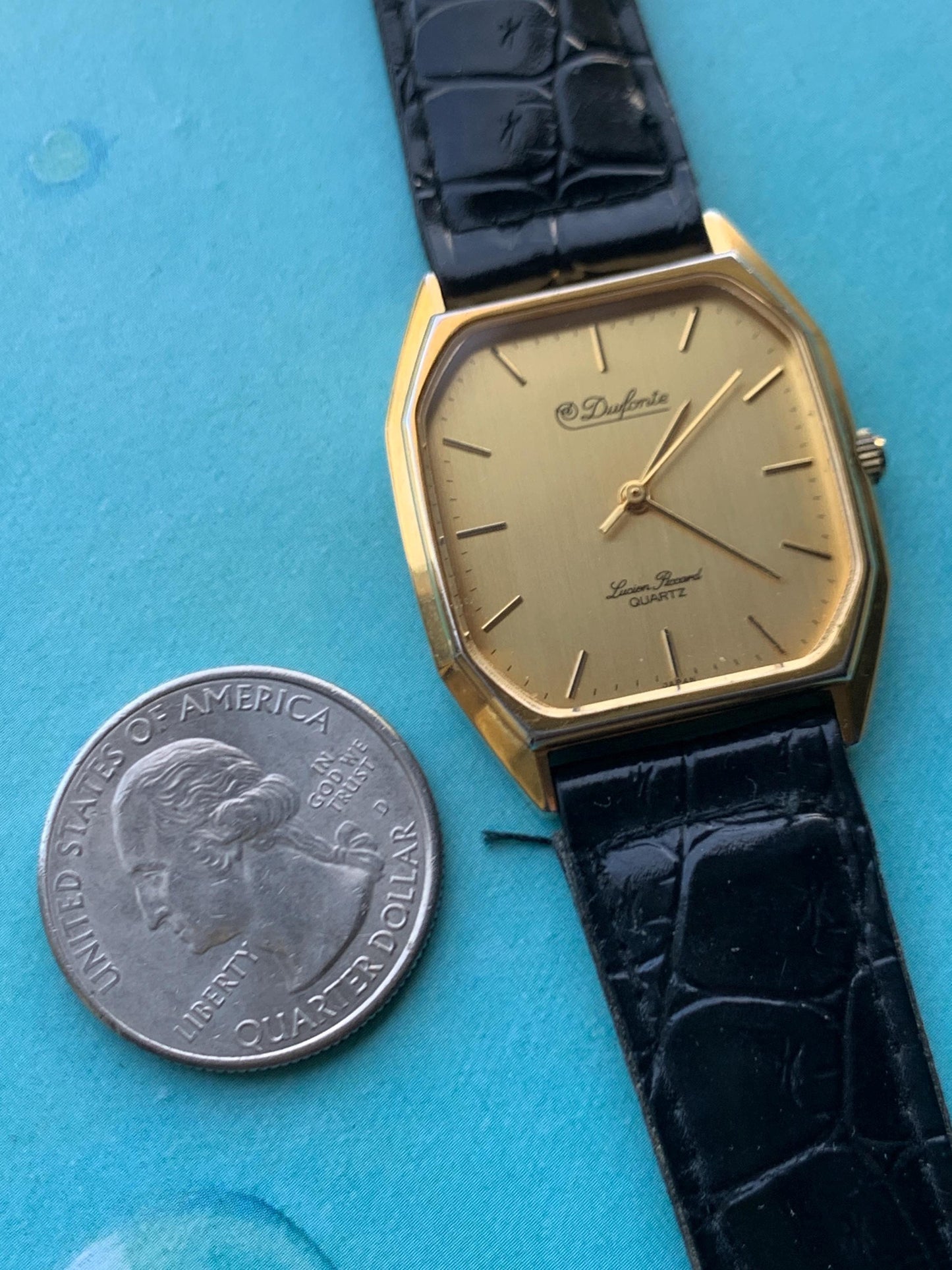 Elegant Dufonte by Lucien Piccard Tank Watch: Goldtone Quartz with Brushed Golden Dial. 1980s/90s Fancy Dress Watch, NOS vintage black strap
