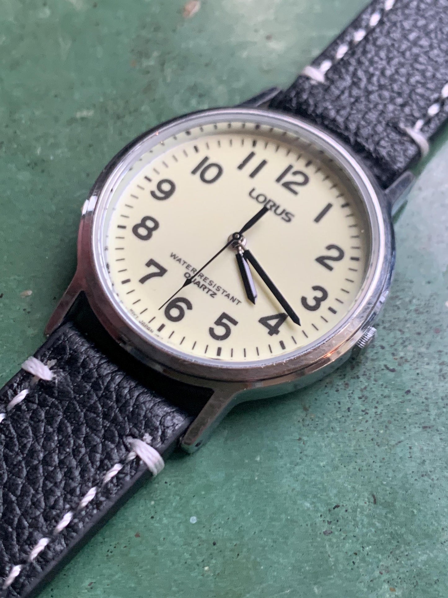 Glow in the Dark Lorus by Seiko Quartz Watch - Silver Tone, Glow in Dark Dial with new black leather Band, New Battery, 1990s, 35mm